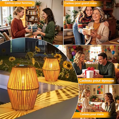 Detalle de Ollny Lanternes Solaire Exterieur – 2 Pièces en Rotin Bohême, Blanc Chaud