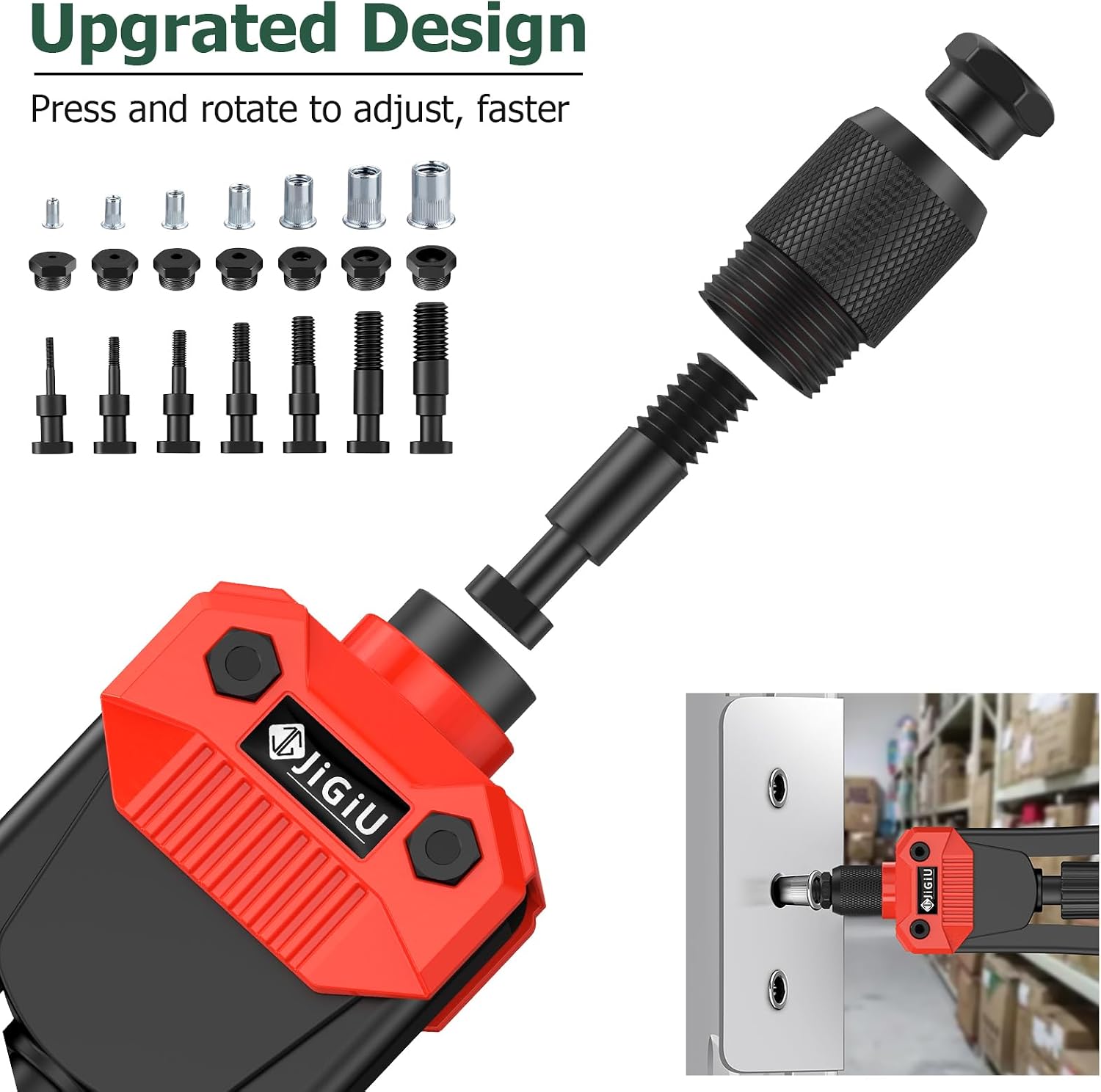 Detalle 2 de JiGiU 13" Heavy Duty Rivet Nut Tool Kit with 7 Mandrels (M3–M12) and 110 Rivet Nuts