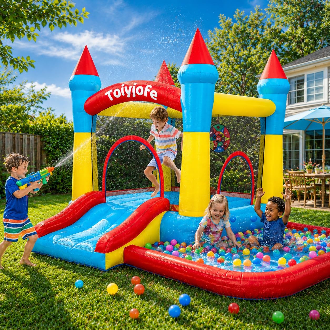 Detalle 2 de Bounce House for Kids 3-6 with Slide & Ball Pit & Hoop — 5-in-1 Indoor/Outdoor inflatable castle (Includes 370W Blower)