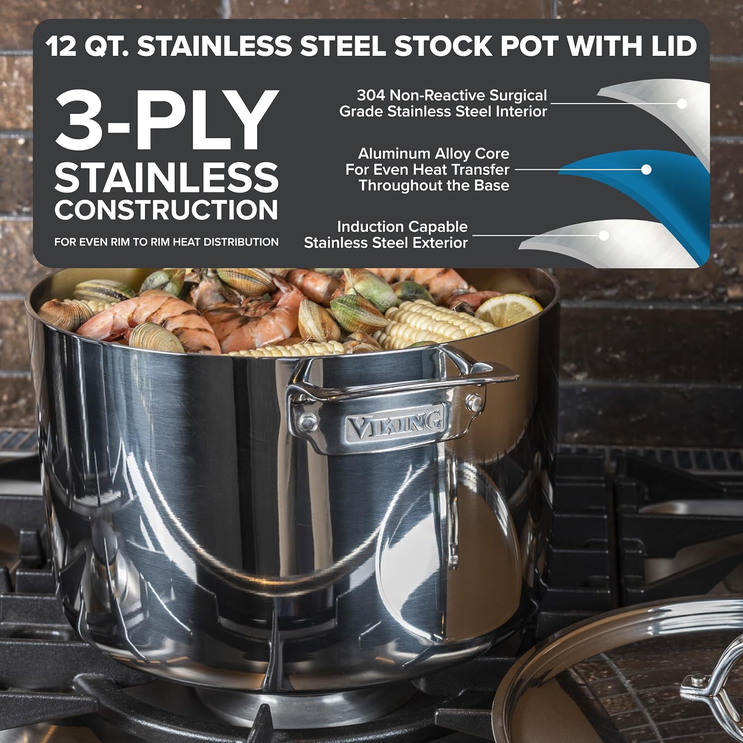 Thumbnail 2 de Viking 3-Ply Stainless Steel Stock Pot (12 Quart) with Lid