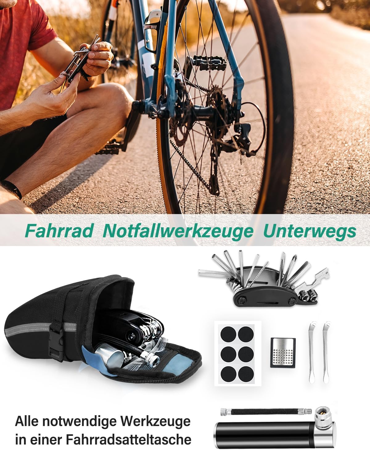 Thumbnail 1 de Fahrrad Reparaturset mit Satteltasche: 16-in-1 Multitool + 120 PSI Mini-Luftpumpe
