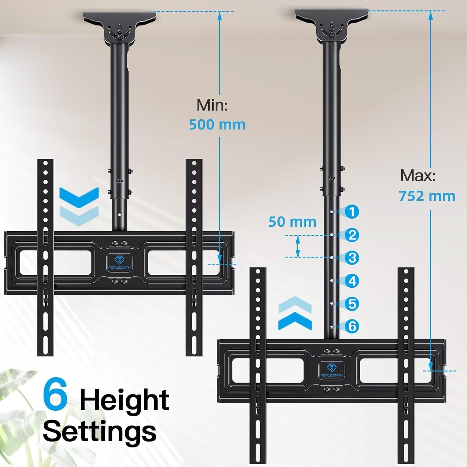 Detalle de PERLESMITH PSCM2-E Ceiling TV Bracket – Adjustable Full Motion Mount for 26–65 inch TVs