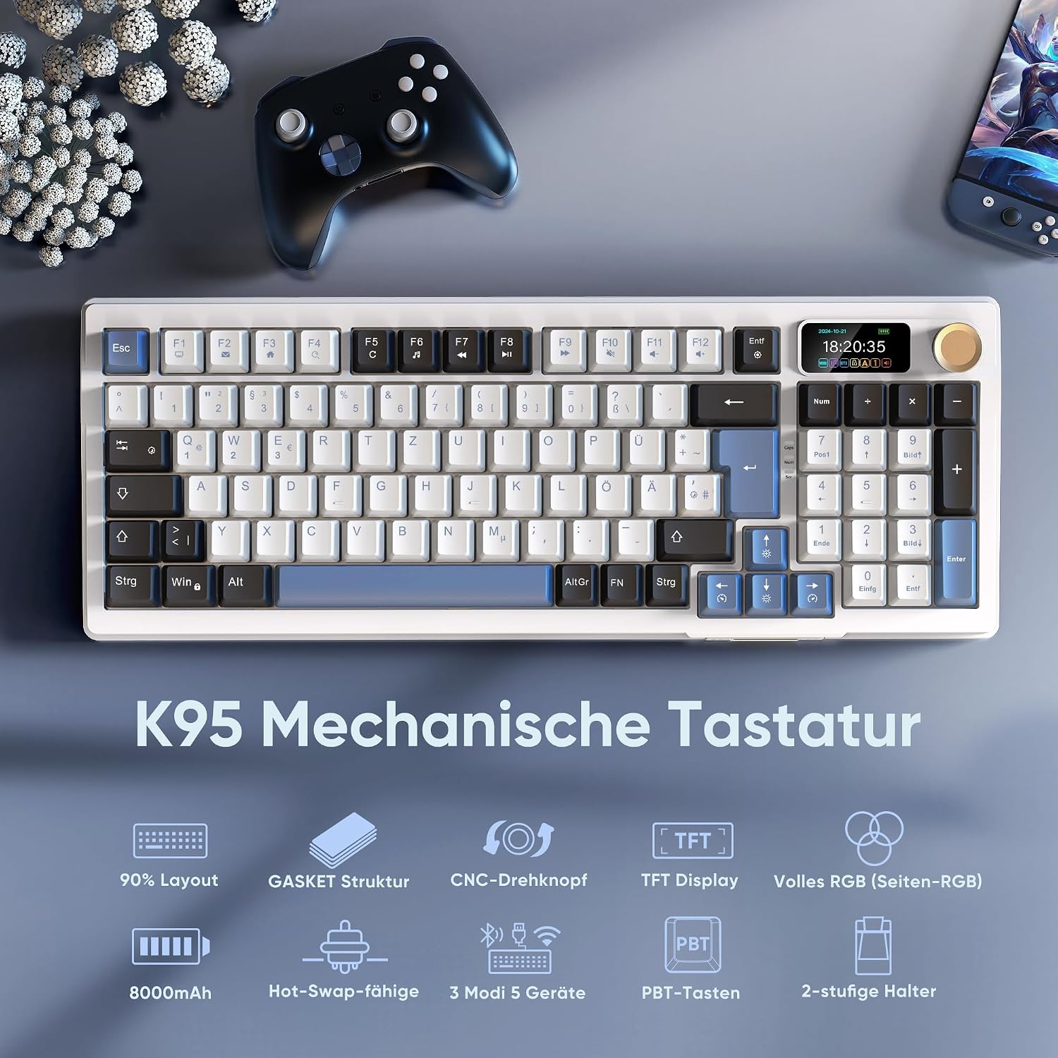 Detalle 2 de RedThunder K95 kabellose Gaming Tastatur mit 96 Tasten