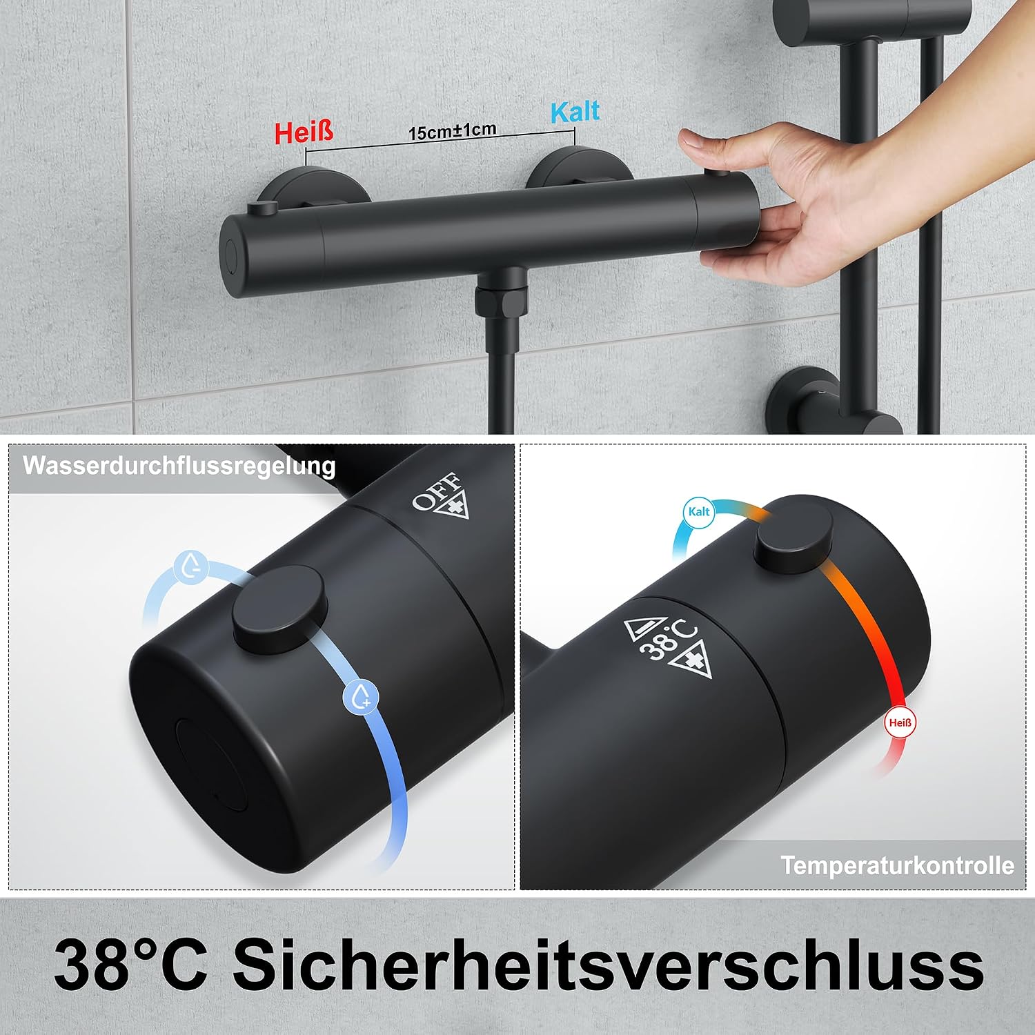 Detalle de Görbach Colonne de Douche avec Mitigeur Thermostatique — Barre 70 cm en Acier inoxydable, Noir avec étagère et douchette