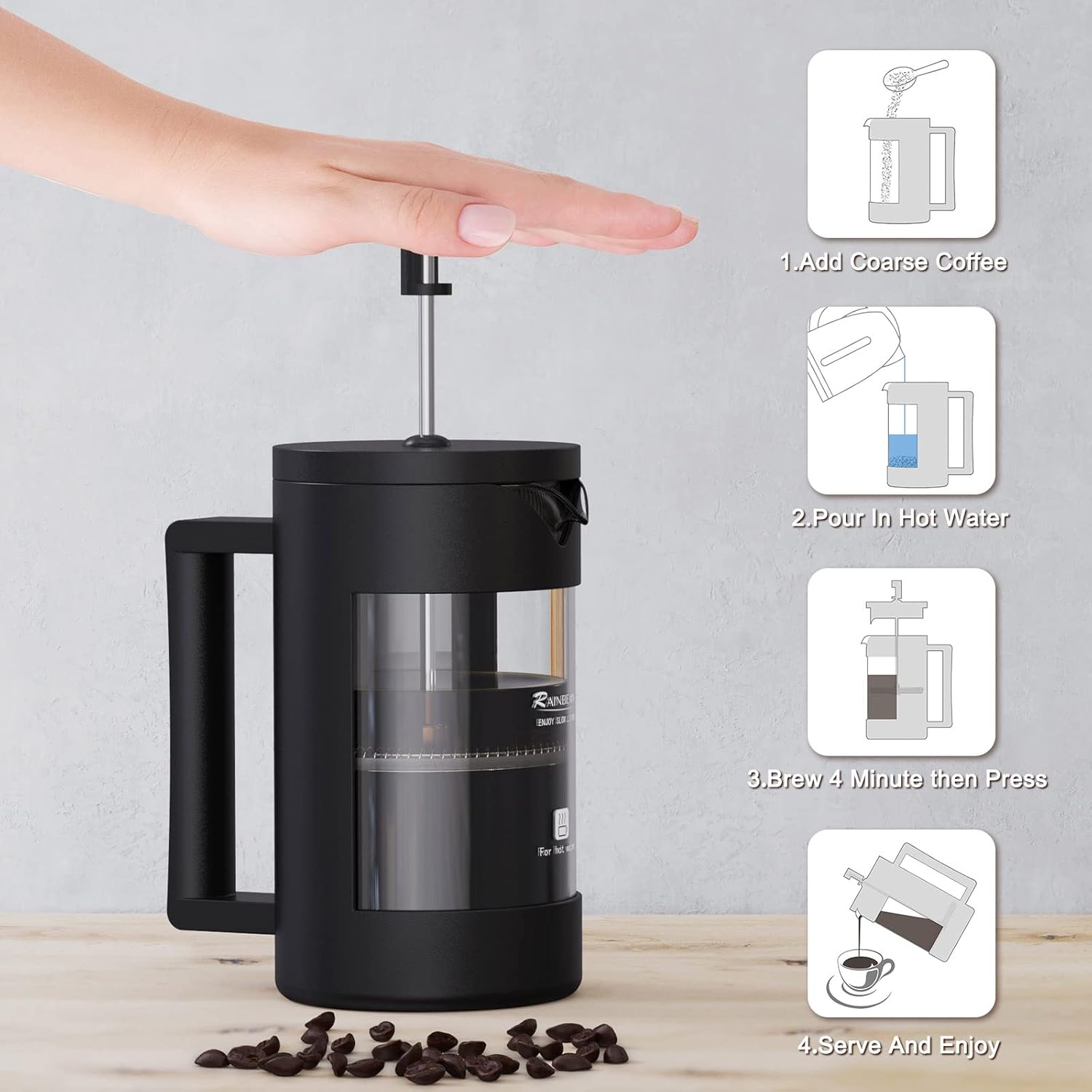 Thumbnail 3 de RAINBEAN Cafetiere Coffee Press 4 Cups/600ml — Glass French Press with 3-Level Filtration