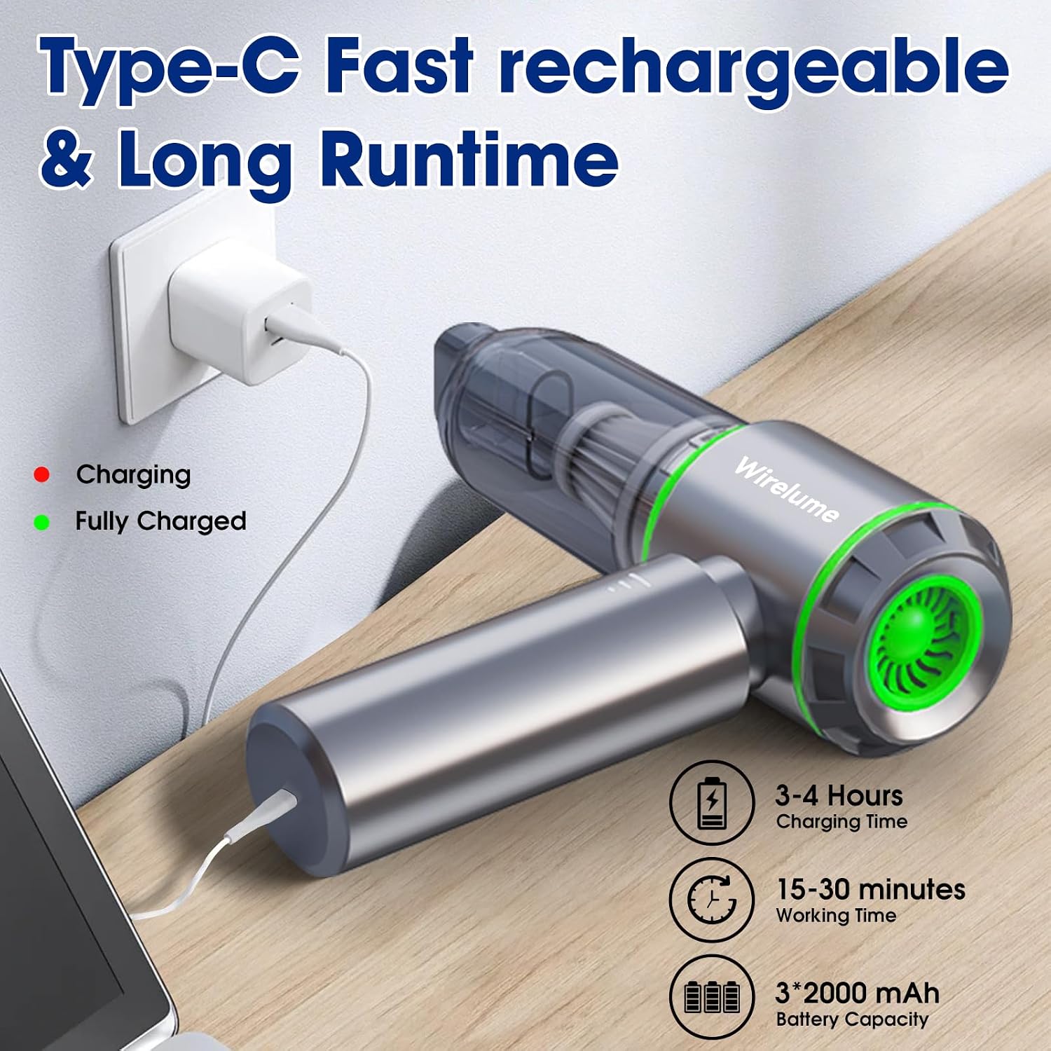 Detalle 1 de Wirelume Green Sliver cordless handheld car vacuum, 22,000 Pa suction