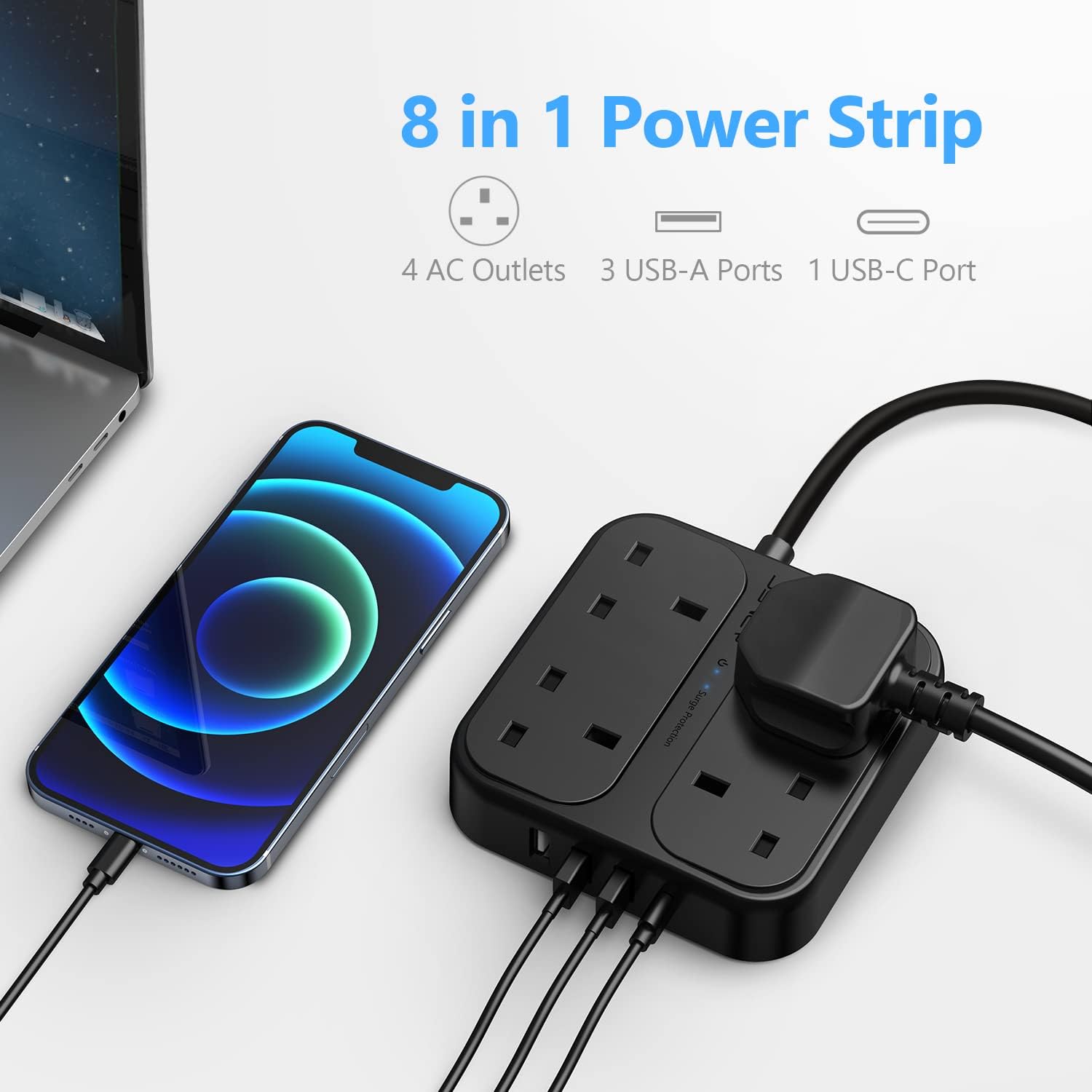 Detalle 2 de JSVER 4 Outlets Power Strip 3250W with USB-C and USB-A 🔌