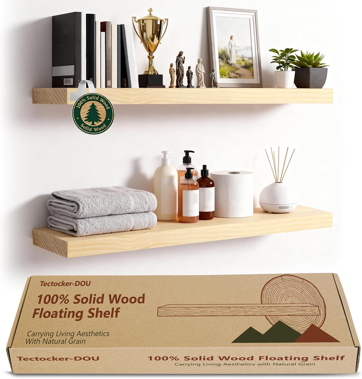 Detalle de 24-Inch Pine Floating Shelves, Set of 2, with Hidden Brackets