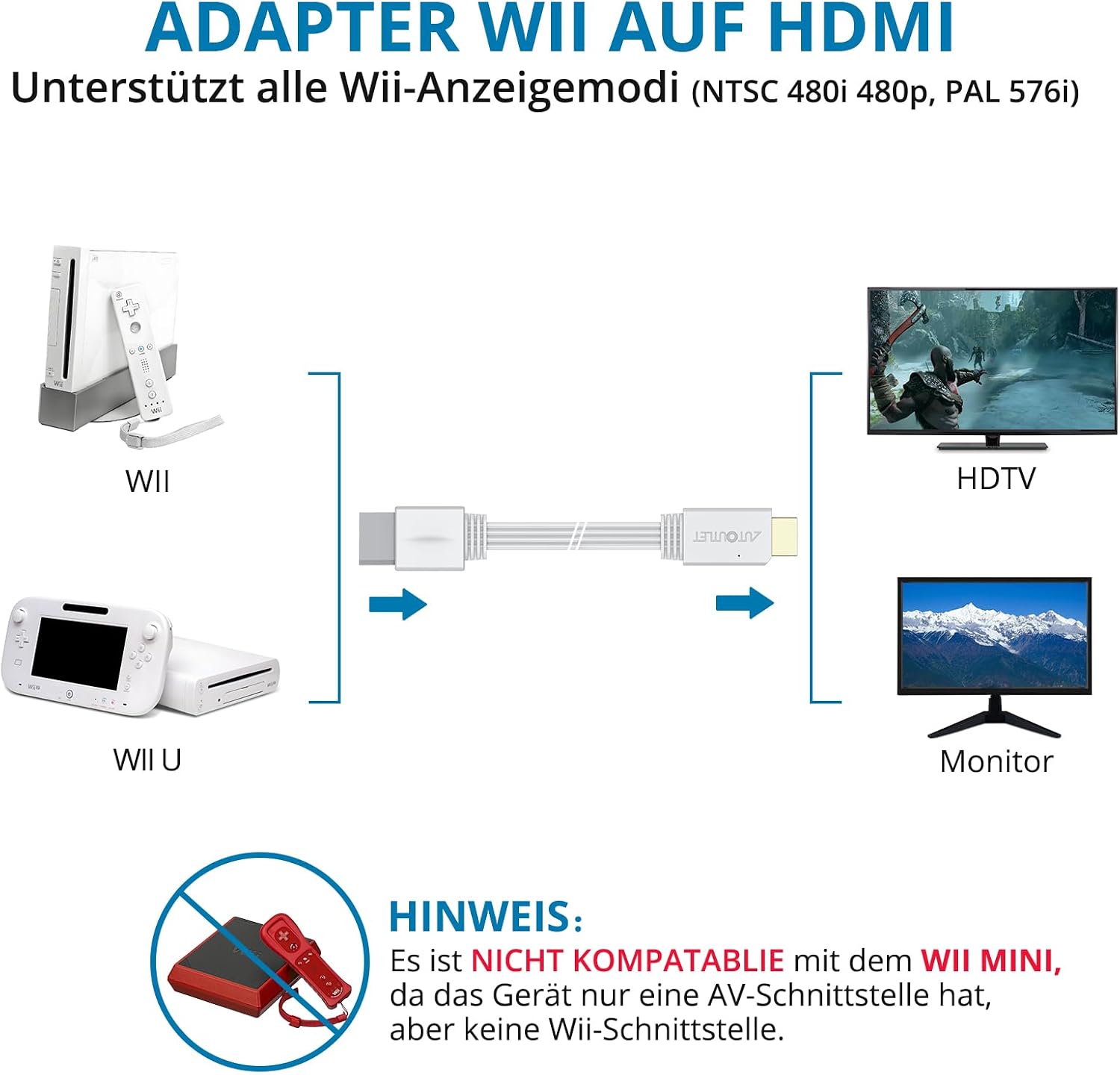 Detalle de AUTOUTLET Wii HDMI Adapter – Plug and Play Konverter für 720p/1080p mit integriertem 120 cm Kabel