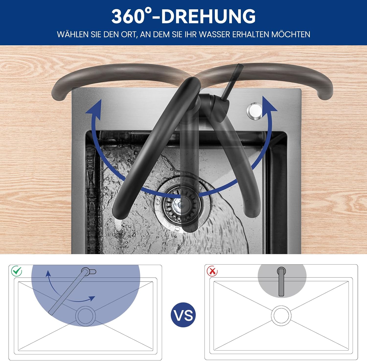 Thumbnail 4 de CECIPA Küchenarmatur Schwarz mit 360° Schwenkbereich und hohem Bogen