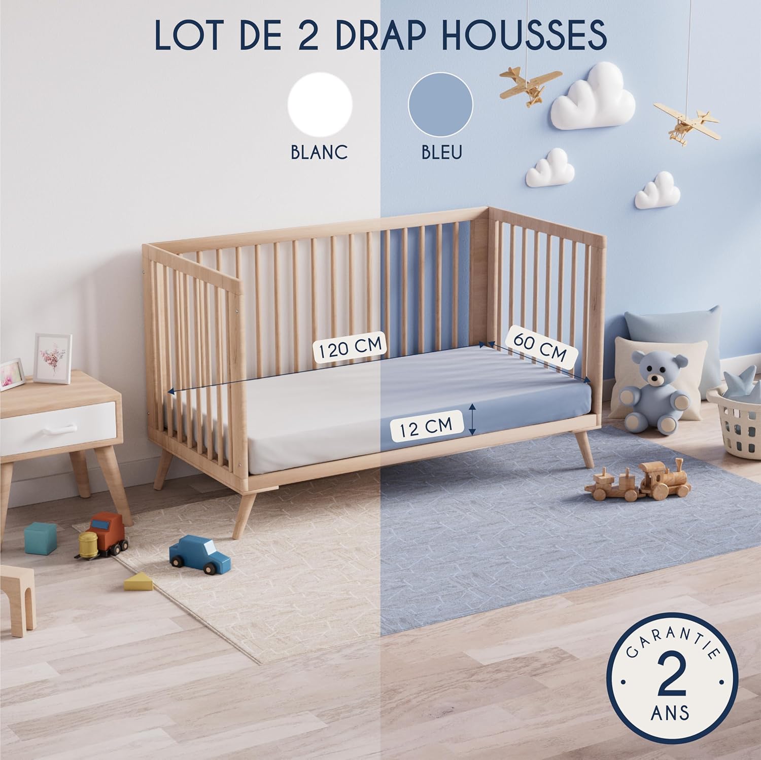 Thumbnail 1 de Dreamzie Drap Housse 60x120 cm (x2) en coton jersey 145 gsm – Oeko-Tex – Blanc et Bleu