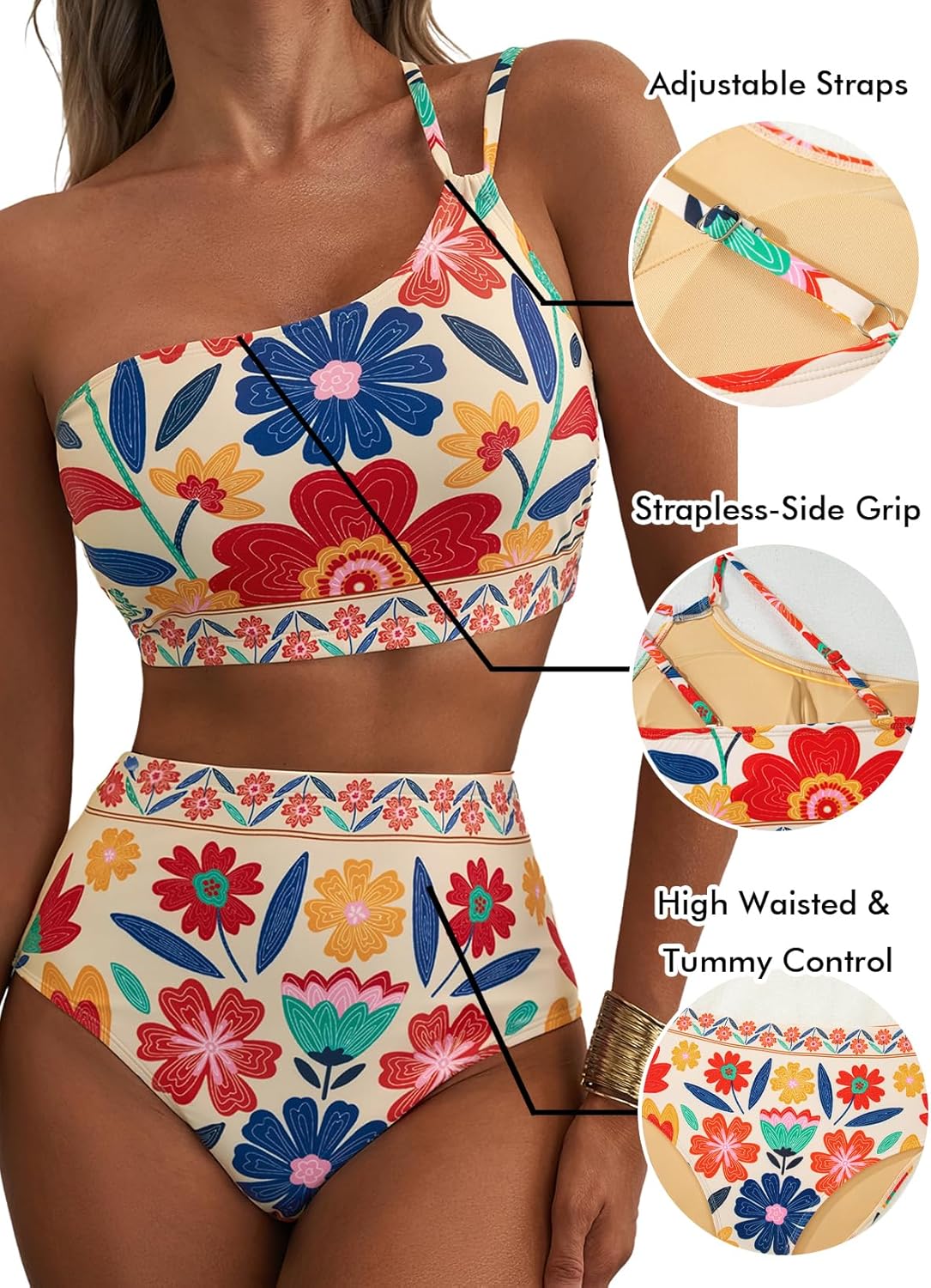 Thumbnail 3 de Herseas Women's High Waisted Bikini Sets with One Shoulder Floral Print – 2-Piece Tummy Control Swimsuits