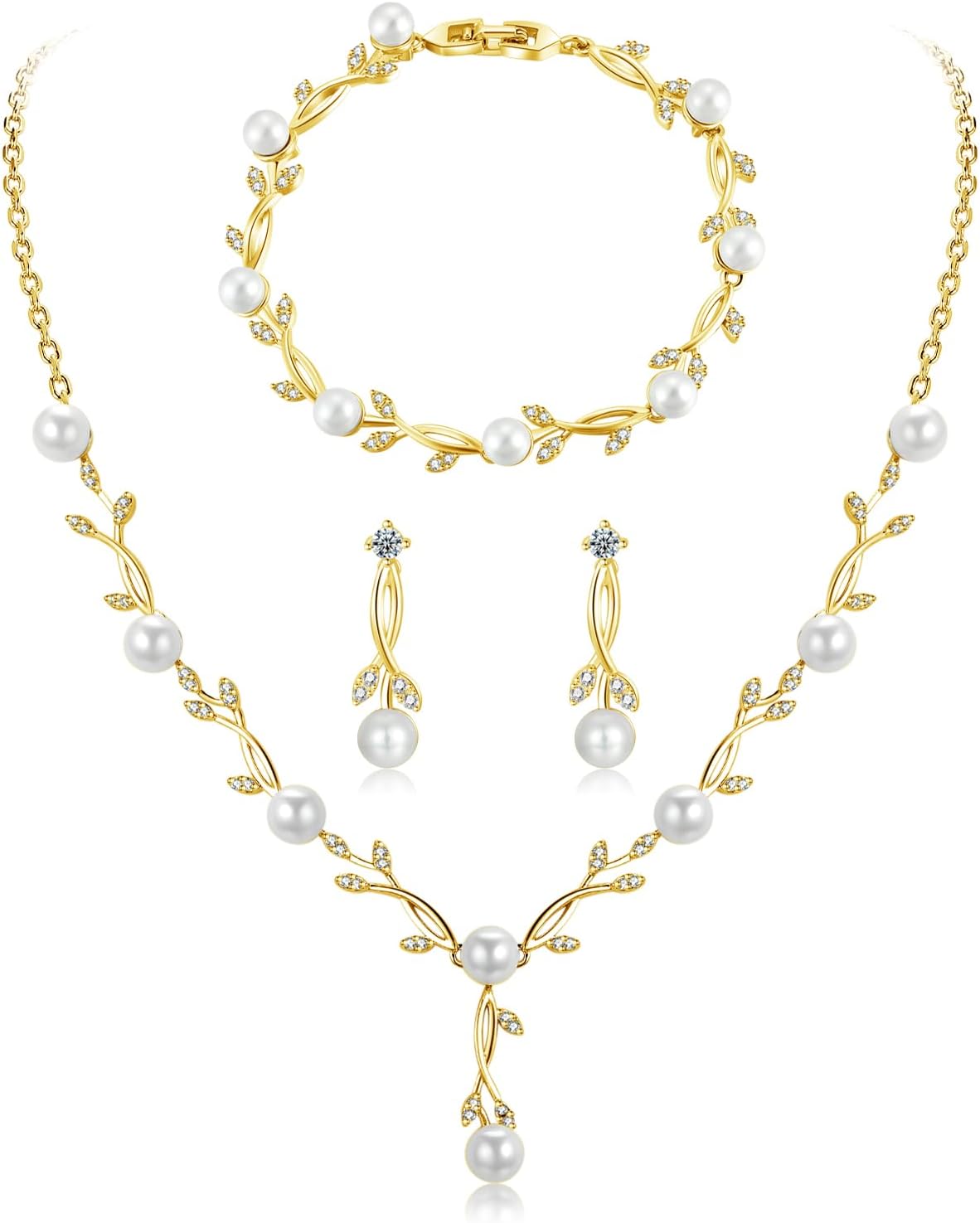Detalle de Toplstud Hochzeit 925 Schmuckset Silbern – Halskette, Armband und Ohrringe in Blattform mit Perlen und Zirkonia