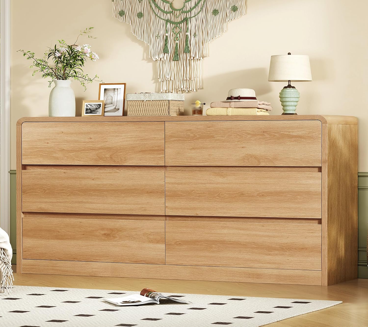 Detalle de TEENFON dressers 55-Inch 6-Drawer Dresser, Natural Finish with Curved Profile