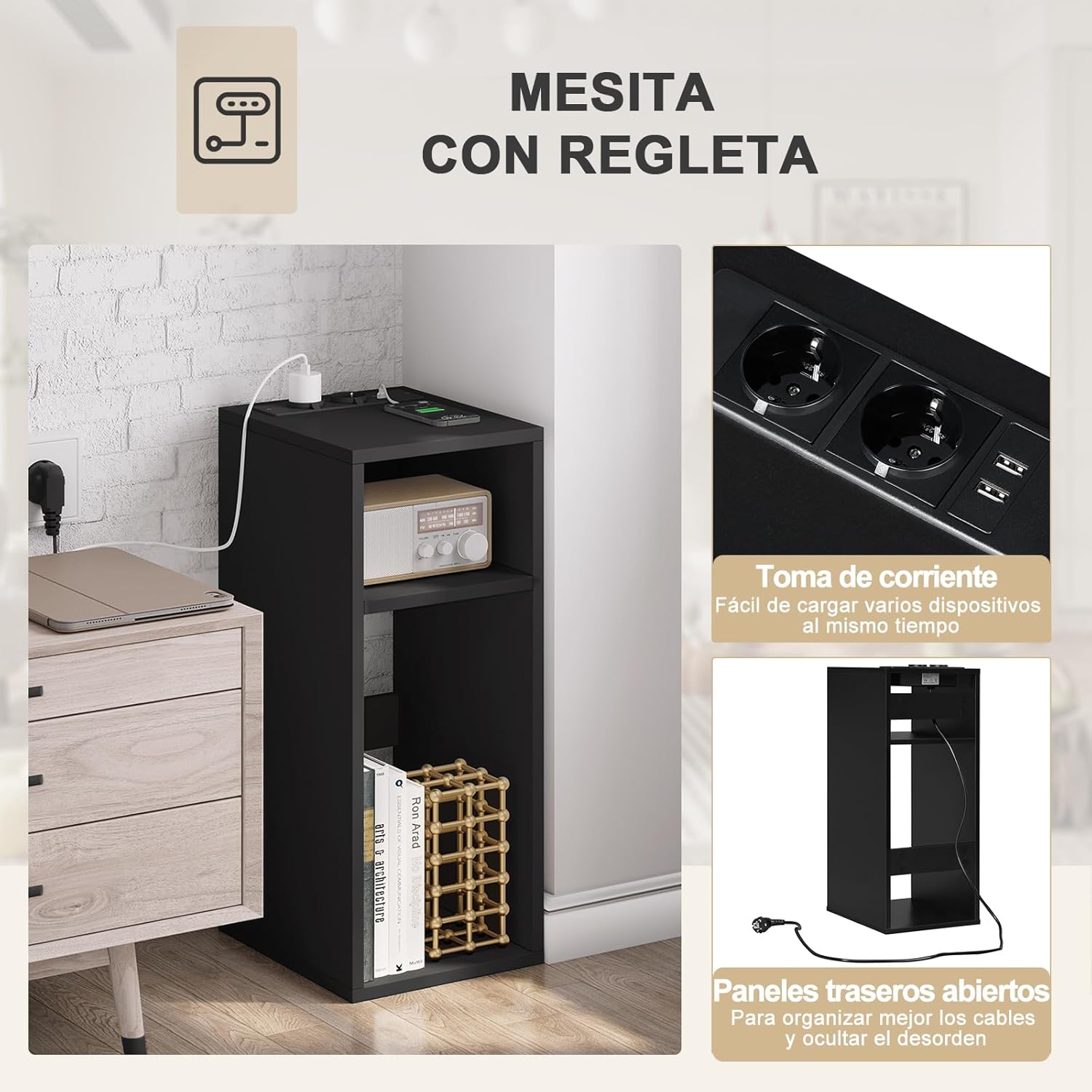 Detalle 2 de WOLTU NTS06sz-2 Mesita de Noche con Enchufes y USB