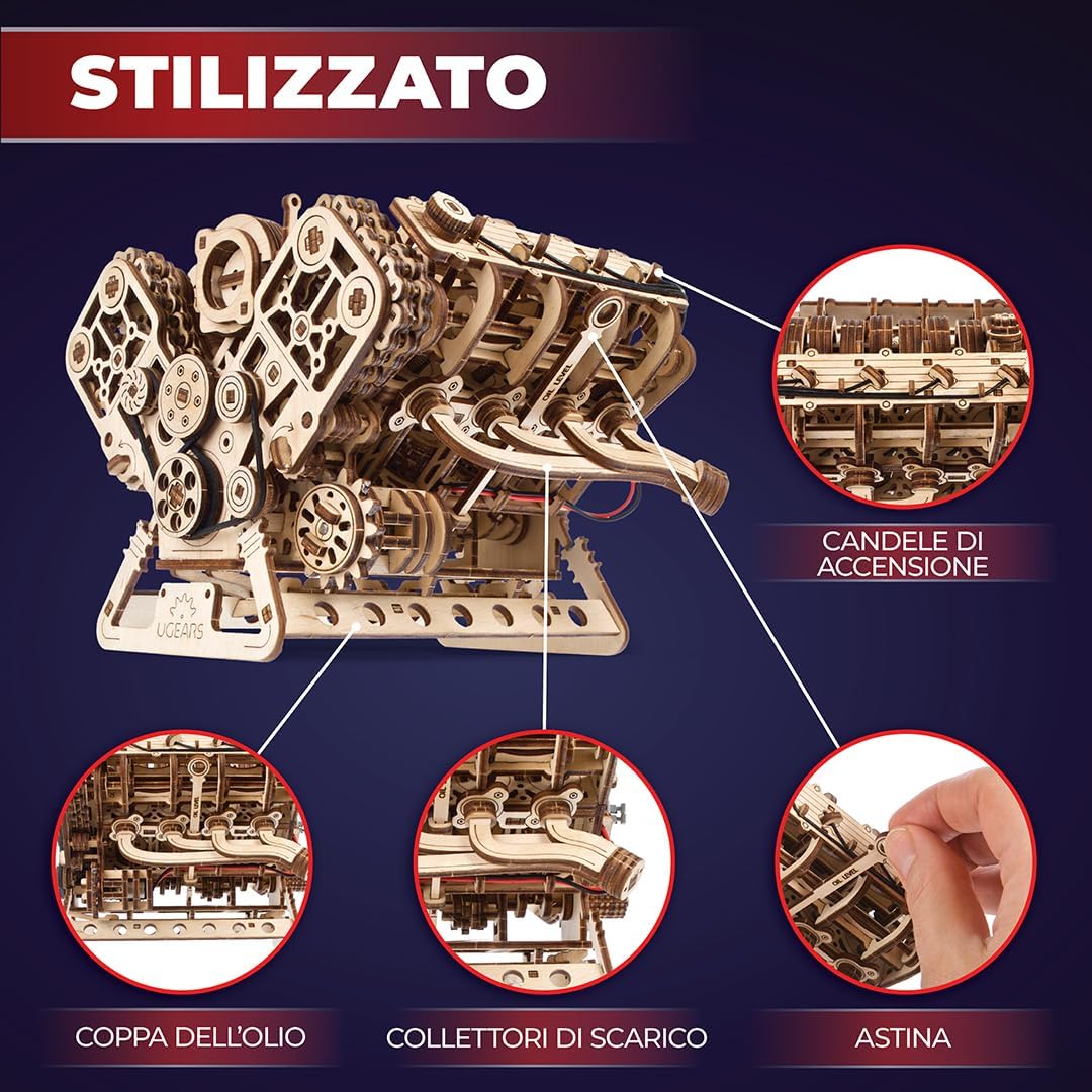 Thumbnail 4 de UGEARS V8 Engine Model Kit: Puzzle 3D in Legno per Adulti (776 pezzi) - Motore V8 in scala 1:6