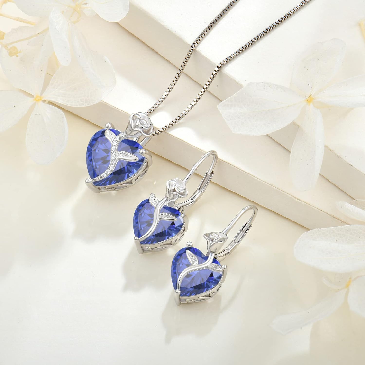 Thumbnail 3 de FJ Herz-Kette Damen aus 925 Sterling Silber mit Geburtsstein & Rosenblüte (Anhänger) – Geschenk für Mutter, Freundin