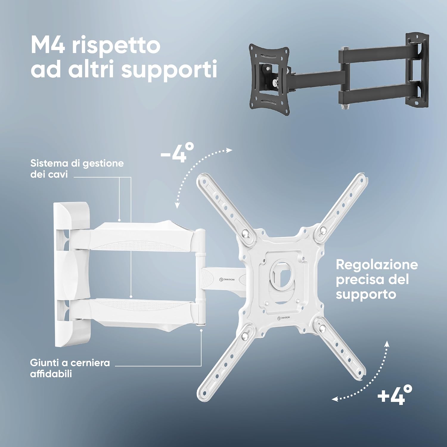 Detalle de ONKRON Supporto TV parete M4-W 32–65 pollici, inclinabile e girevole fino a 35 kg, VESA 100x100–400x400, bianco