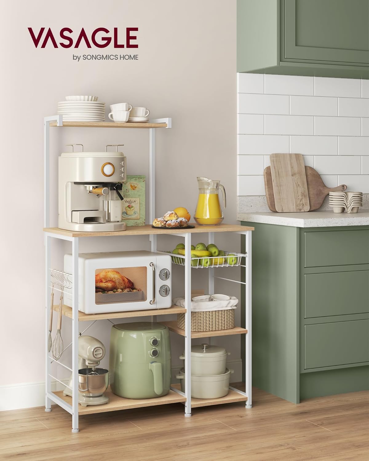 Detalle de VASAGLE Scaffale da Cucina KKS035W09 in Rovere Dorato e Bianco: versatile e stabile per microonde e cucina