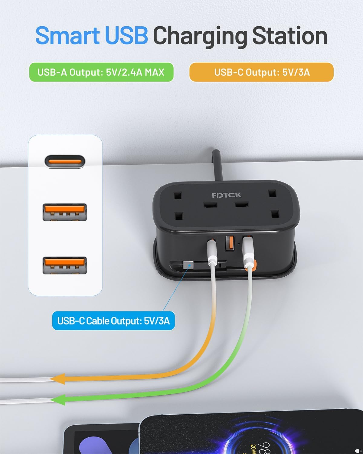 Detalle de FDTEK Travel Extension Lead (2-way power strip with retractable USB-C cable and 3 USB ports) – 1.5m UK travel extension