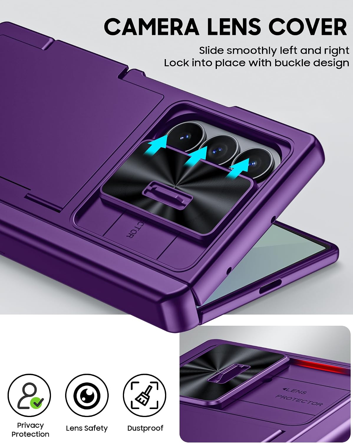 Thumbnail 6 de Vizvera for Samsung Galaxy Z Fold 7 Case with RFID Wallet, Stand & HD Tempered Glass (Purple)
