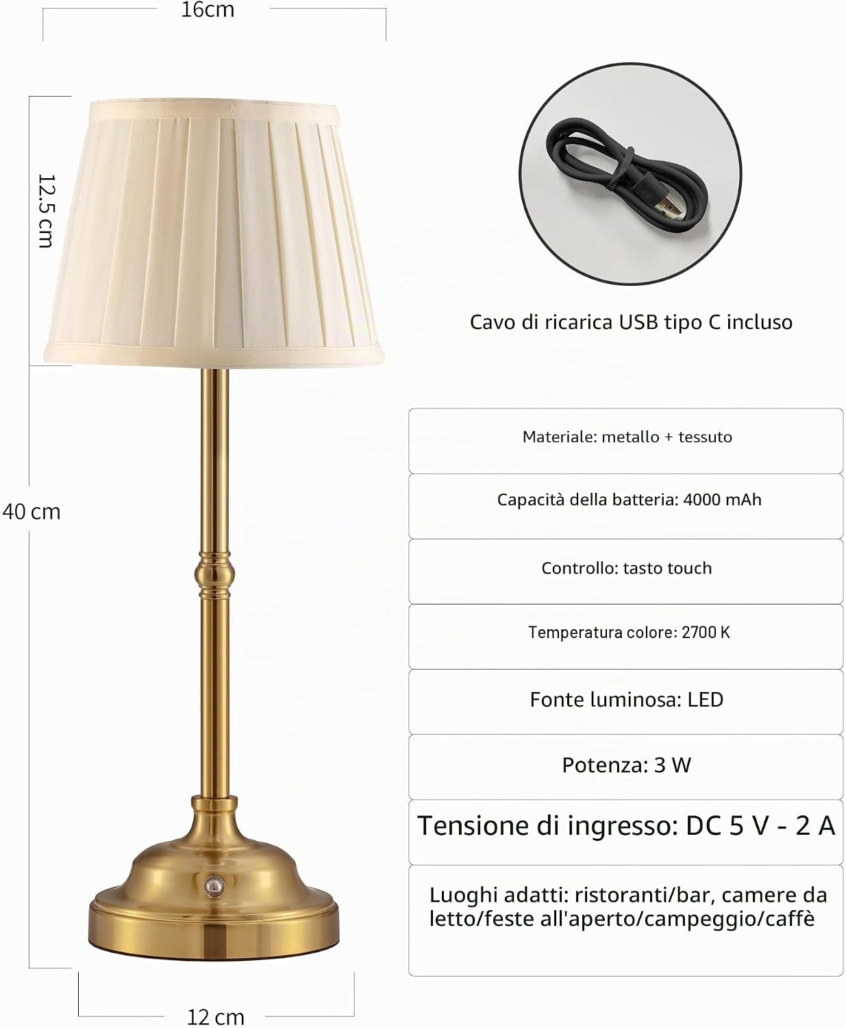 Detalle de VISDANFO Lampada da tavolo a LED senza fili – design retrò, batteria integrata 4000 mAh, dimmerabile, oro + beige