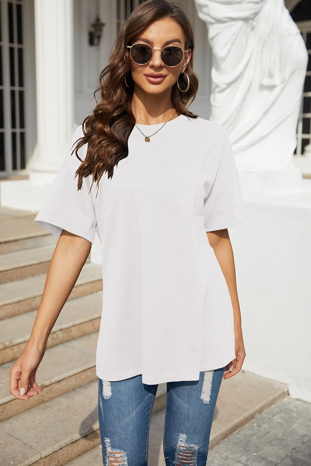 Detalle de Ebifin Damen Oversize Rundhals T-Shirt – lockeres Basic-Top für Sommer