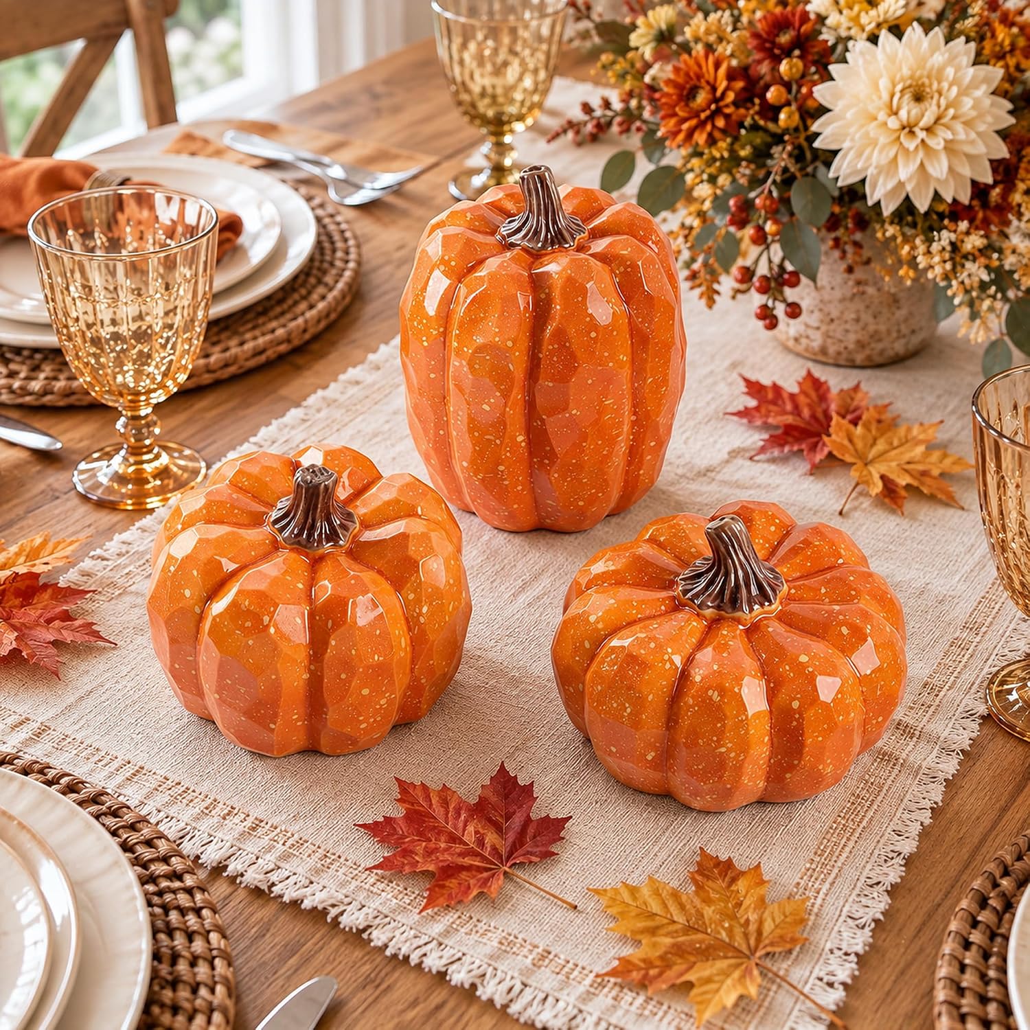 Detalle de winemana Orange Artificial Pumpkins, Set of 3 Resin Fall Decorations