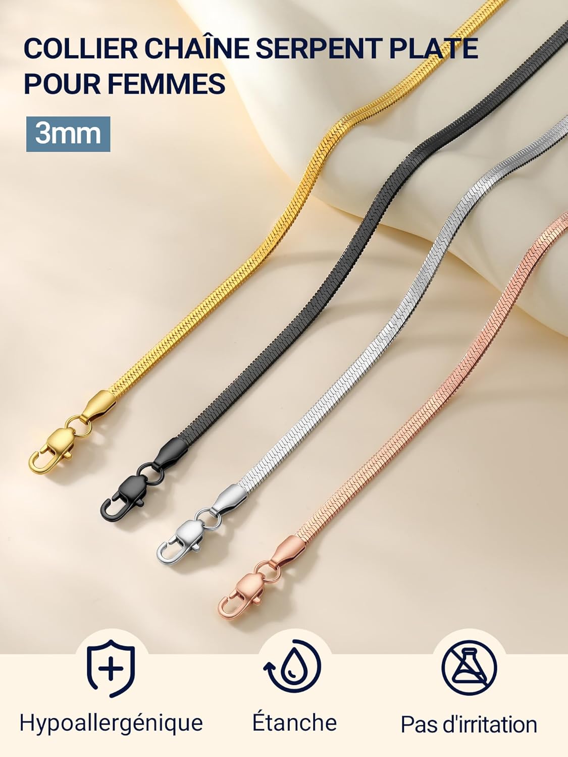 Thumbnail 4 de PROSTEEL Collier femme en acier inoxydable 316L plaqué or jaune, maille miroir 3 mm