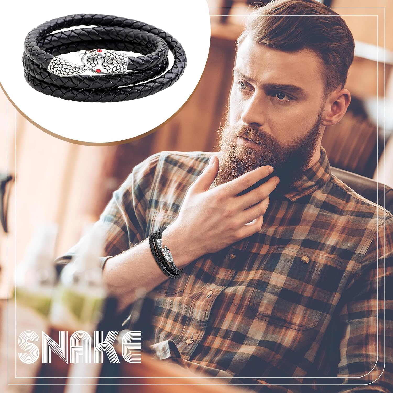 Detalle de JewelryWe Herren Armband Gotik Edelstahl Schlange – Geflochtenes Lederarmband, Schwarz Braun Blau Silber
