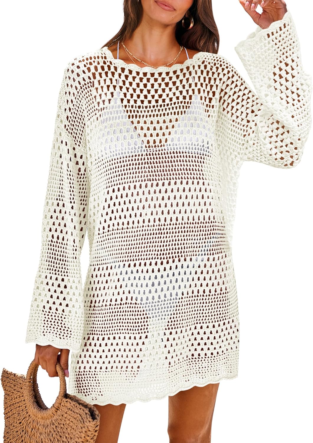 Detalle de ANRABESS Women’s Crochet Hollow-Out Swim Cover-Up Dress (Mesh Knit) — Summer Beach Swimwear