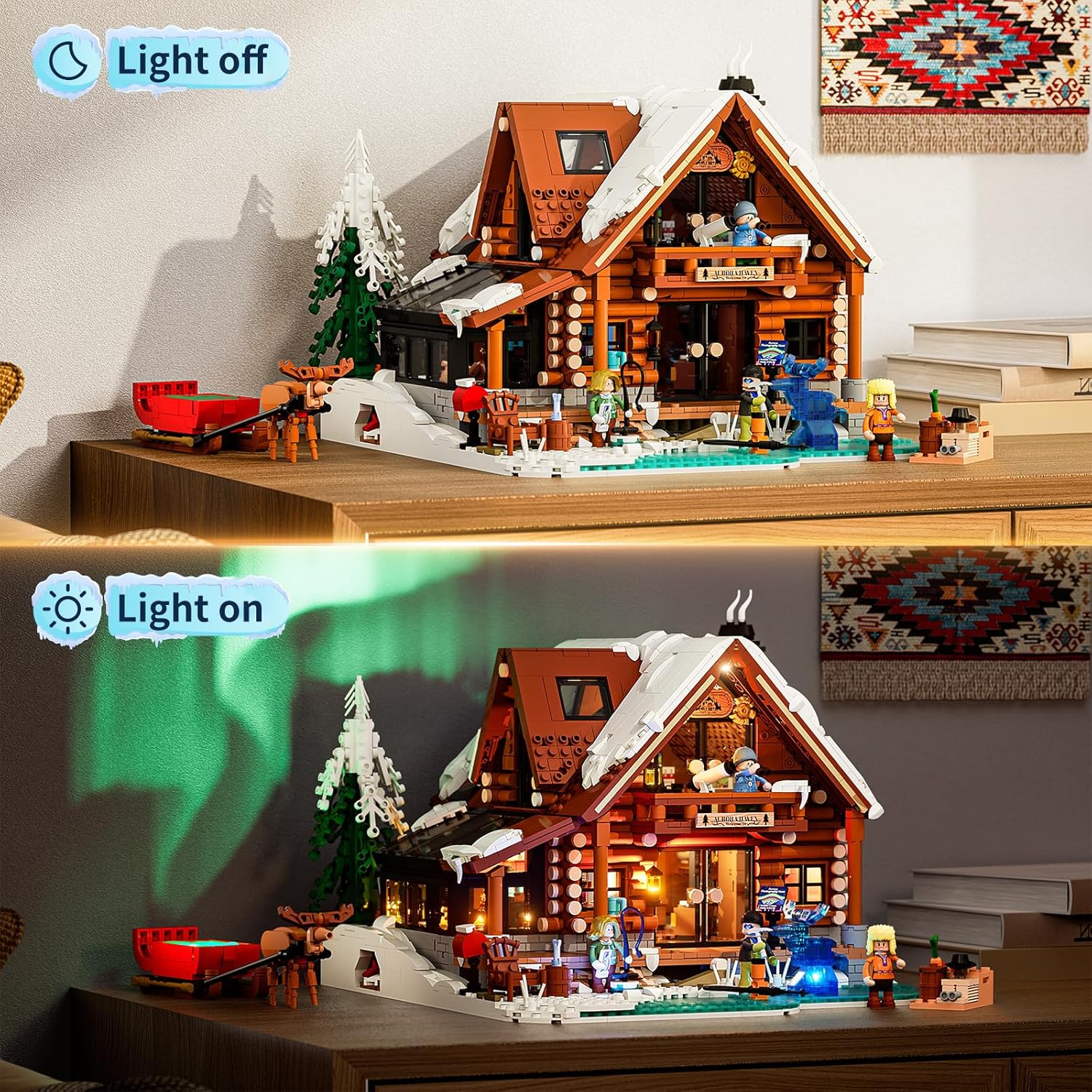 Detalle 2 de Lumibricks Aurora Cabin con LED – 2425 pezzi in legno, proiettore Aurora e scena artica per adulti