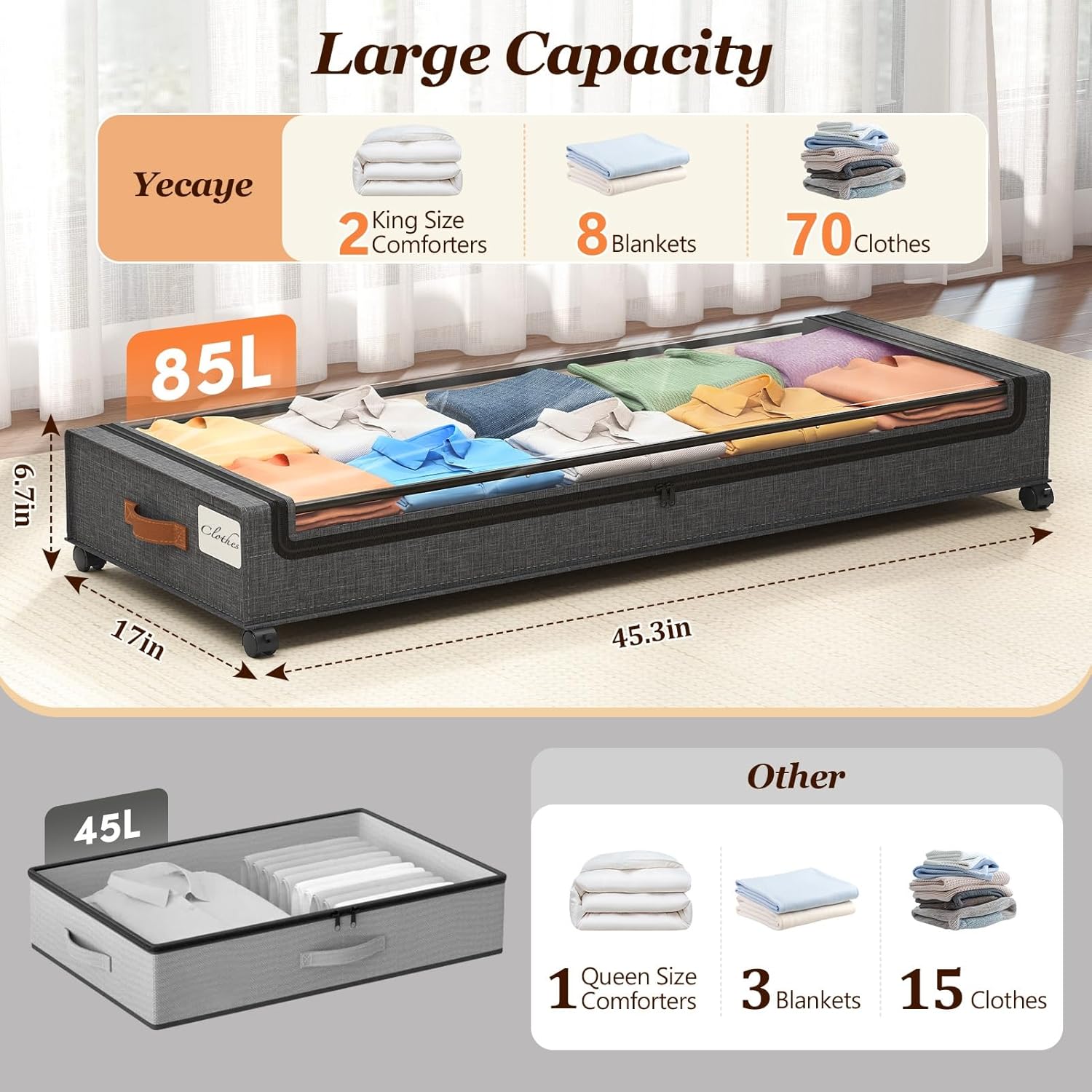 Detalle 2 de Yecaye 85 L Under-Bed Storage Containers, 2-Pack with Wheels and Clear Lids