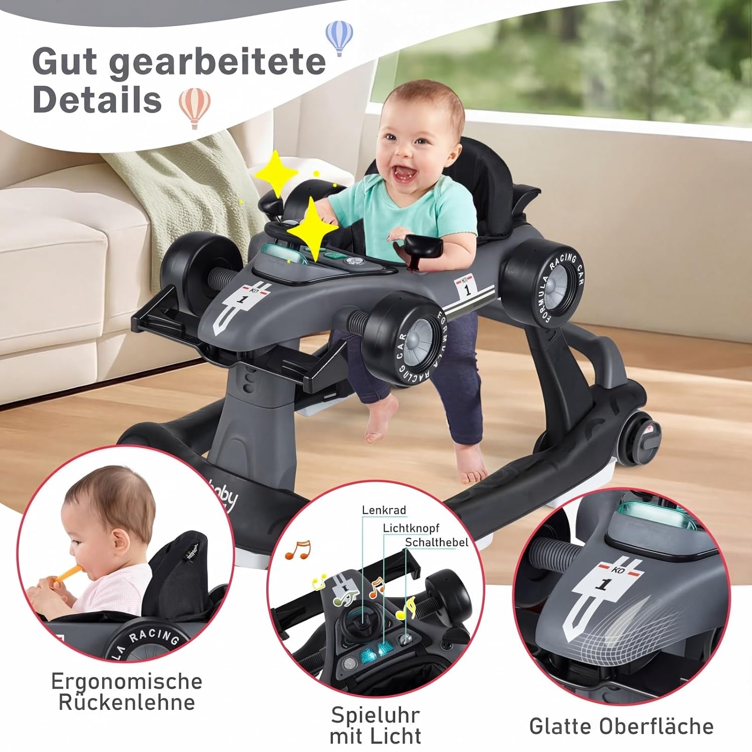 Detalle 2 de COSTWAY 4-in-1 Lauflernhilfe (dunkelgrau) mit klappbarem Lauflernwagen, Musikbox, Licht & Rädern – für ca. ab 6 Monaten, bis 12 kg
