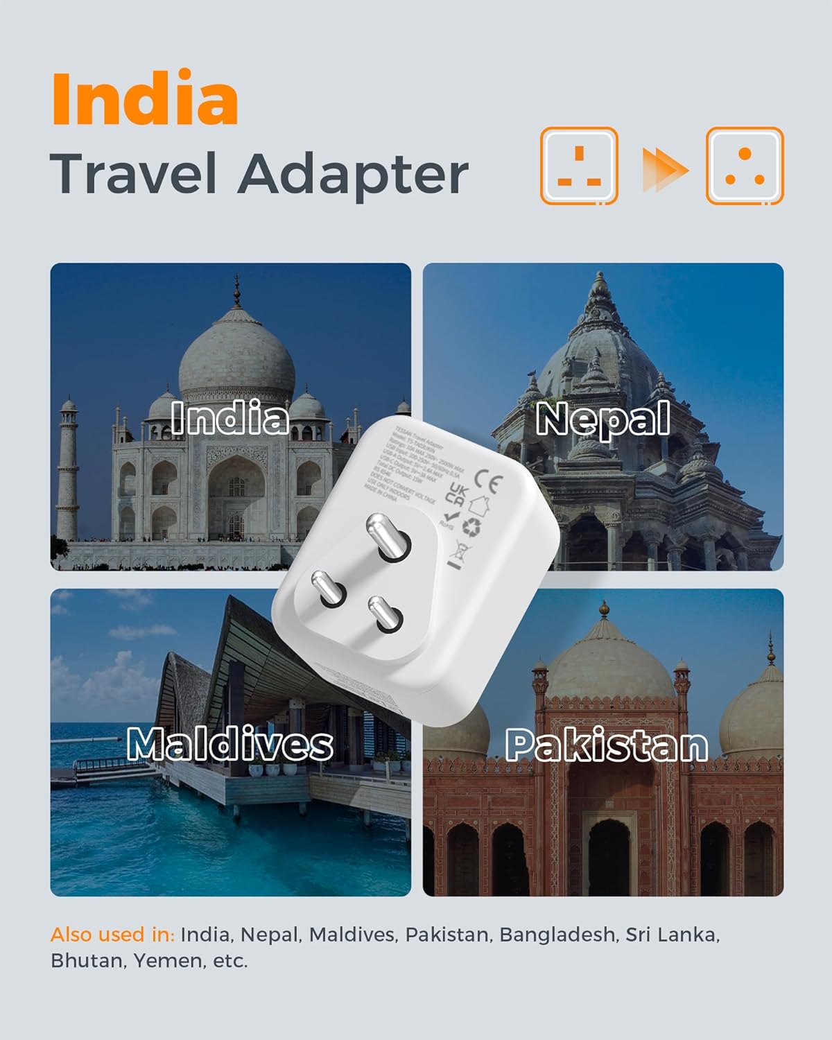 Thumbnail 1 de TESSAN India Travel Adapter UK to India with 2 USB 🔌