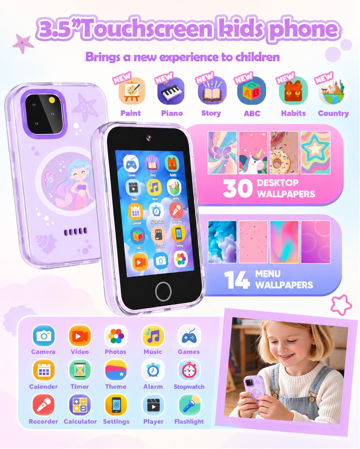 Detalle de Dylanto TP2 Kids Phone Toy, 3.5-Inch Touchscreen, Dual Cameras, Purple