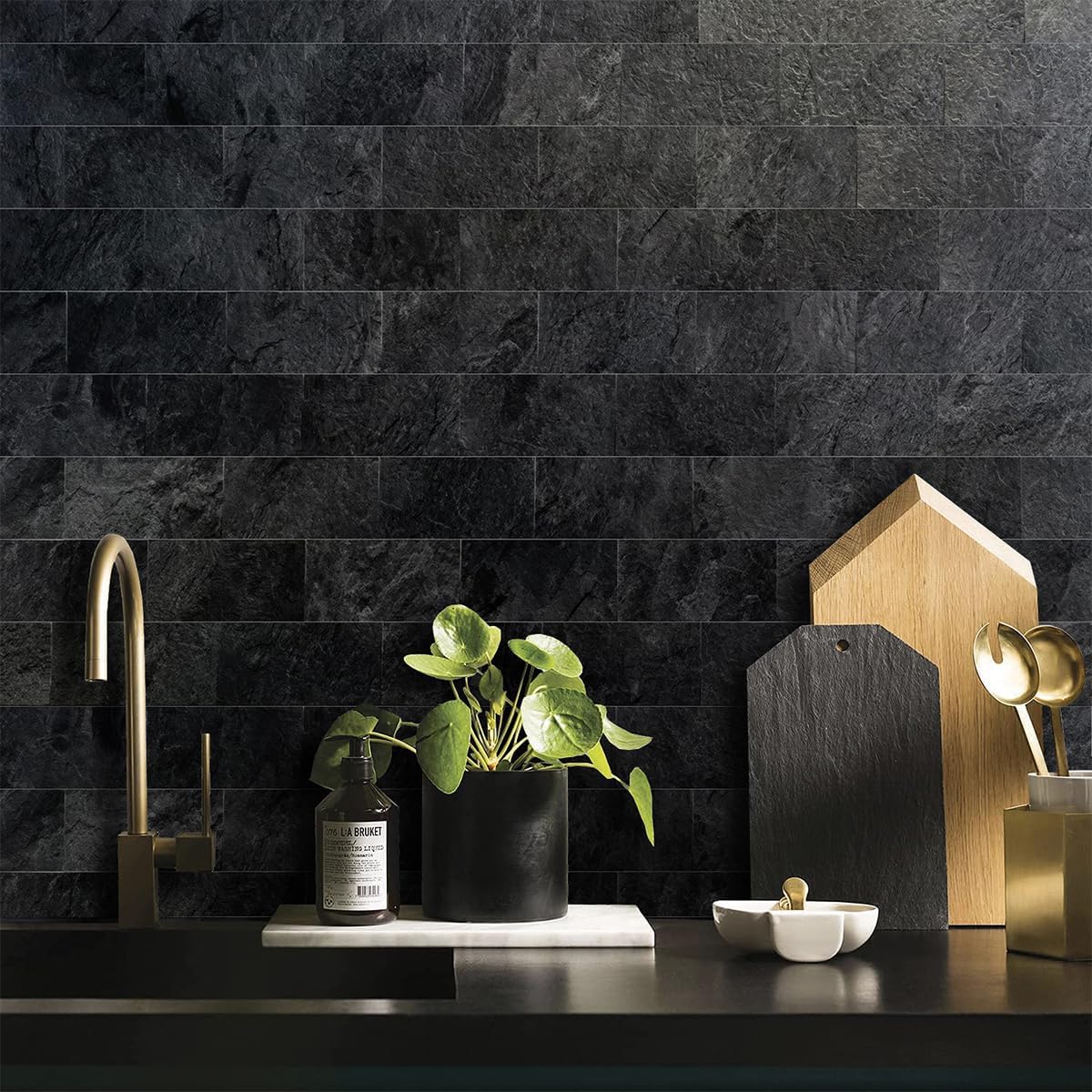 Thumbnail 3 de AULIGET 100-Piece Black Slate Peel and Stick Backsplash Wall Tiles, 3" x 6" PVC Faux Stone