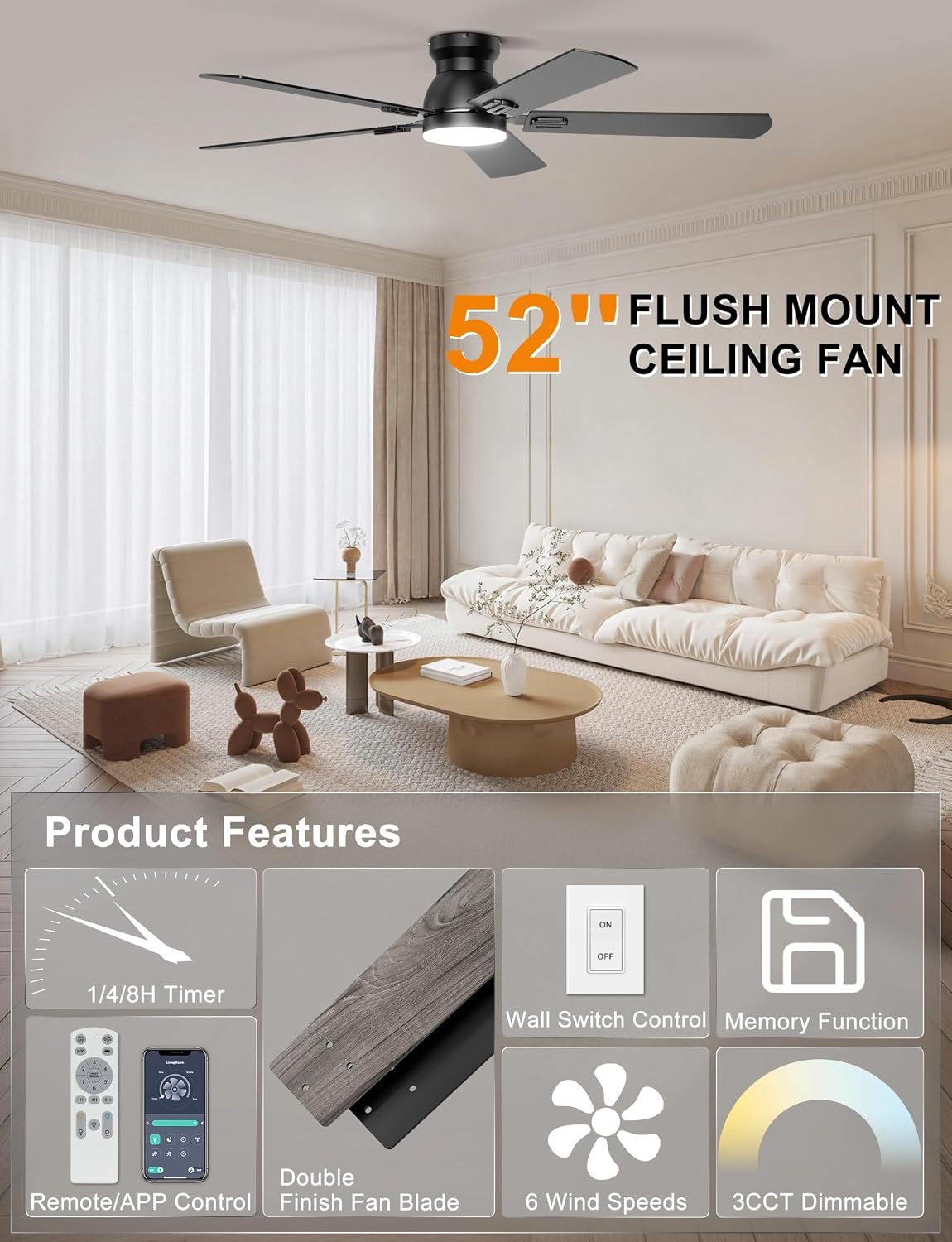Thumbnail 2 de Ohniyou 52-Inch Low Profile Ceiling Fan with Lights
