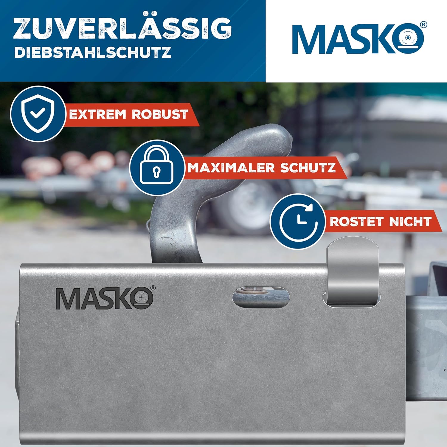 Thumbnail 6 de MASKO® Anhängerschloss mit Stecksystem für angekoppelte & abgekuppelte Anhänger (Rundbügel-Schloss, Schlüssel, Schutzkappe) – Silber