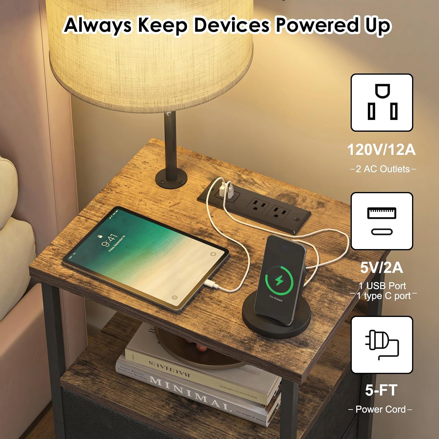 Detalle 2 de Fixwal Bedside Table with 3 Color Temperature Reading Light and Charging Station, Black