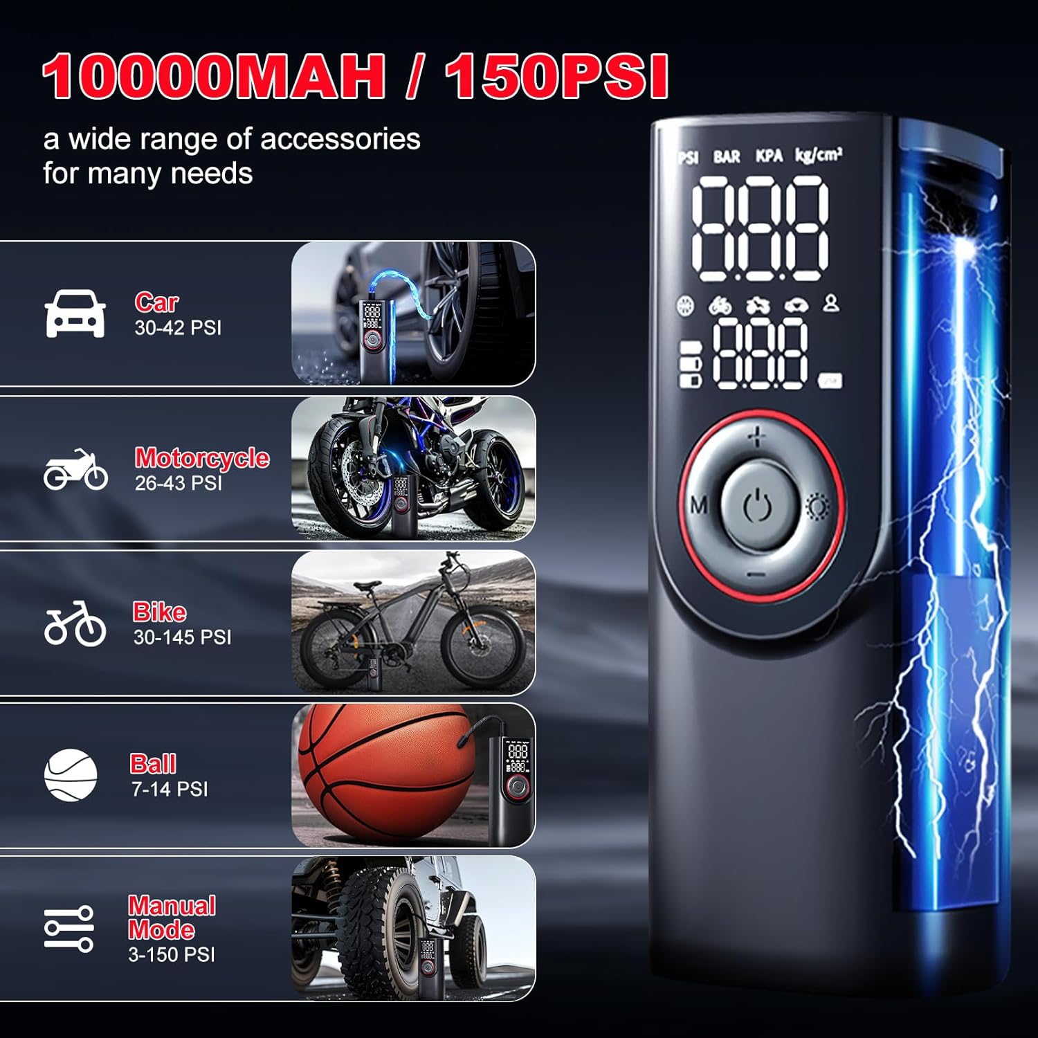 Thumbnail 4 de Elektrische Akku-Luftpumpe für Fahrrad & mehr: Mini-Kompressor mit 10.000-mAh-Akku, 150 PSI & LCD