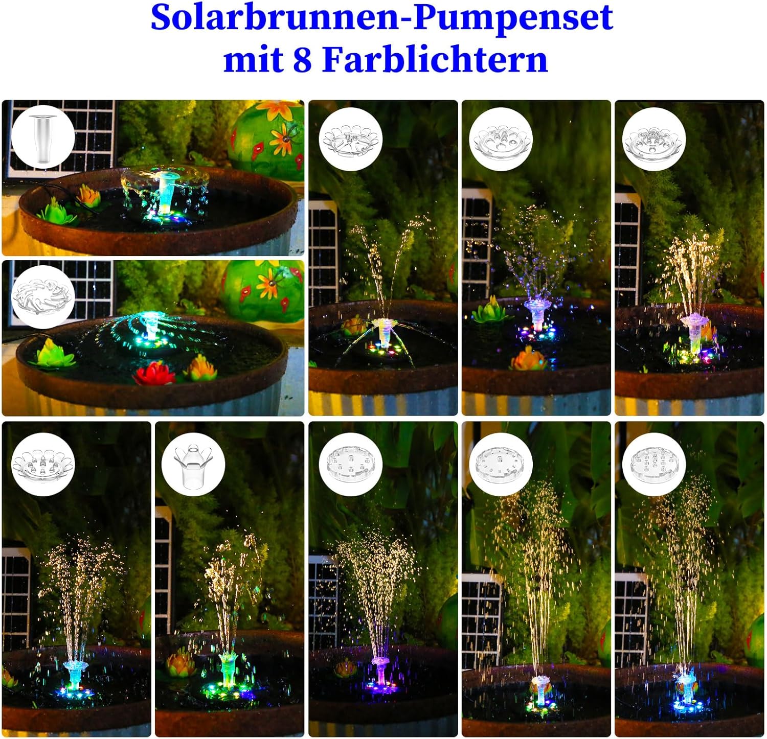 Thumbnail 3 de SUJFEE Solar-Springbrunnen für außen mit LED, 8 W, Akku und Fernbedienung
