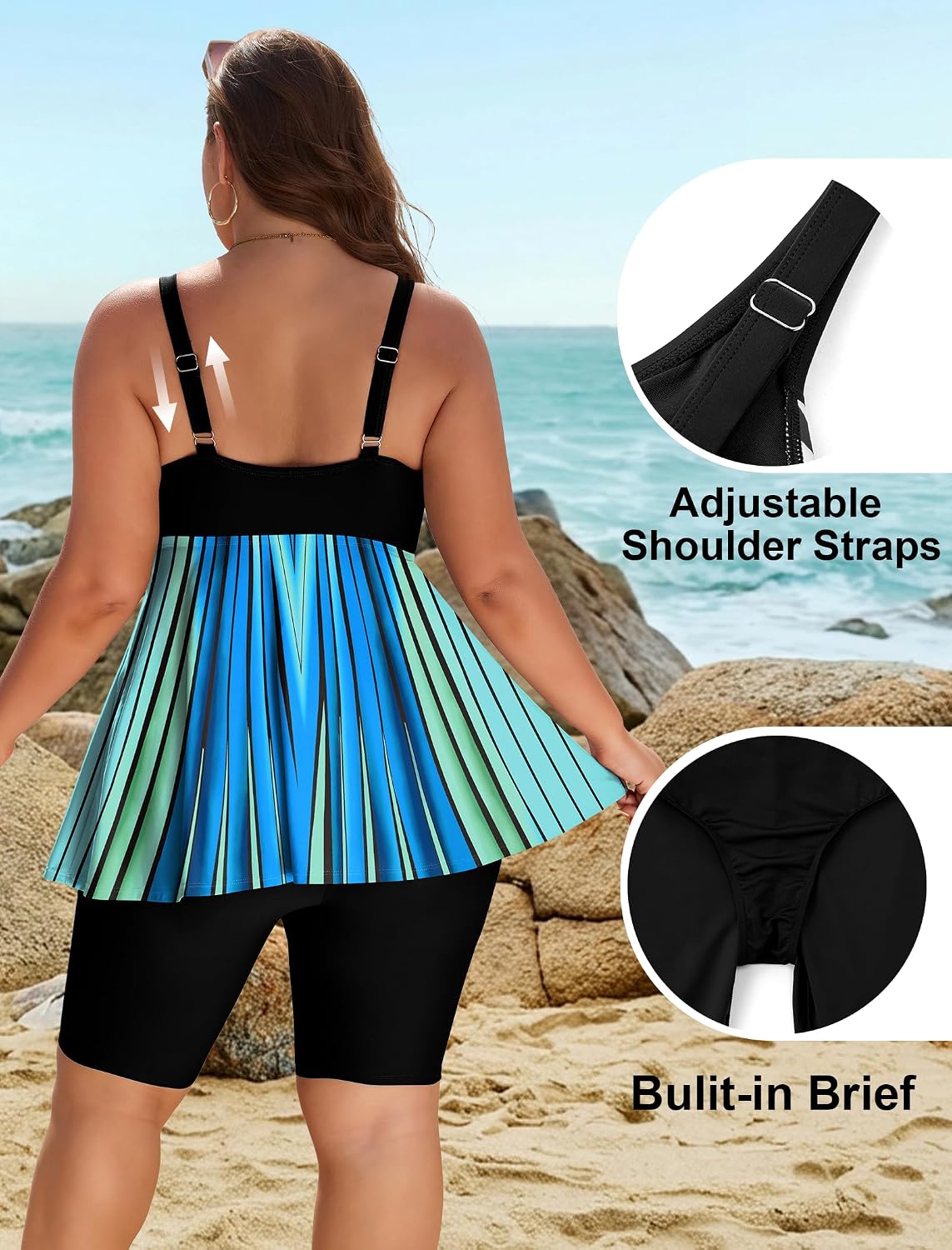 Detalle 2 de Arolina Plus Size Two-Piece Modest Tankini with Tummy Control and Shorts