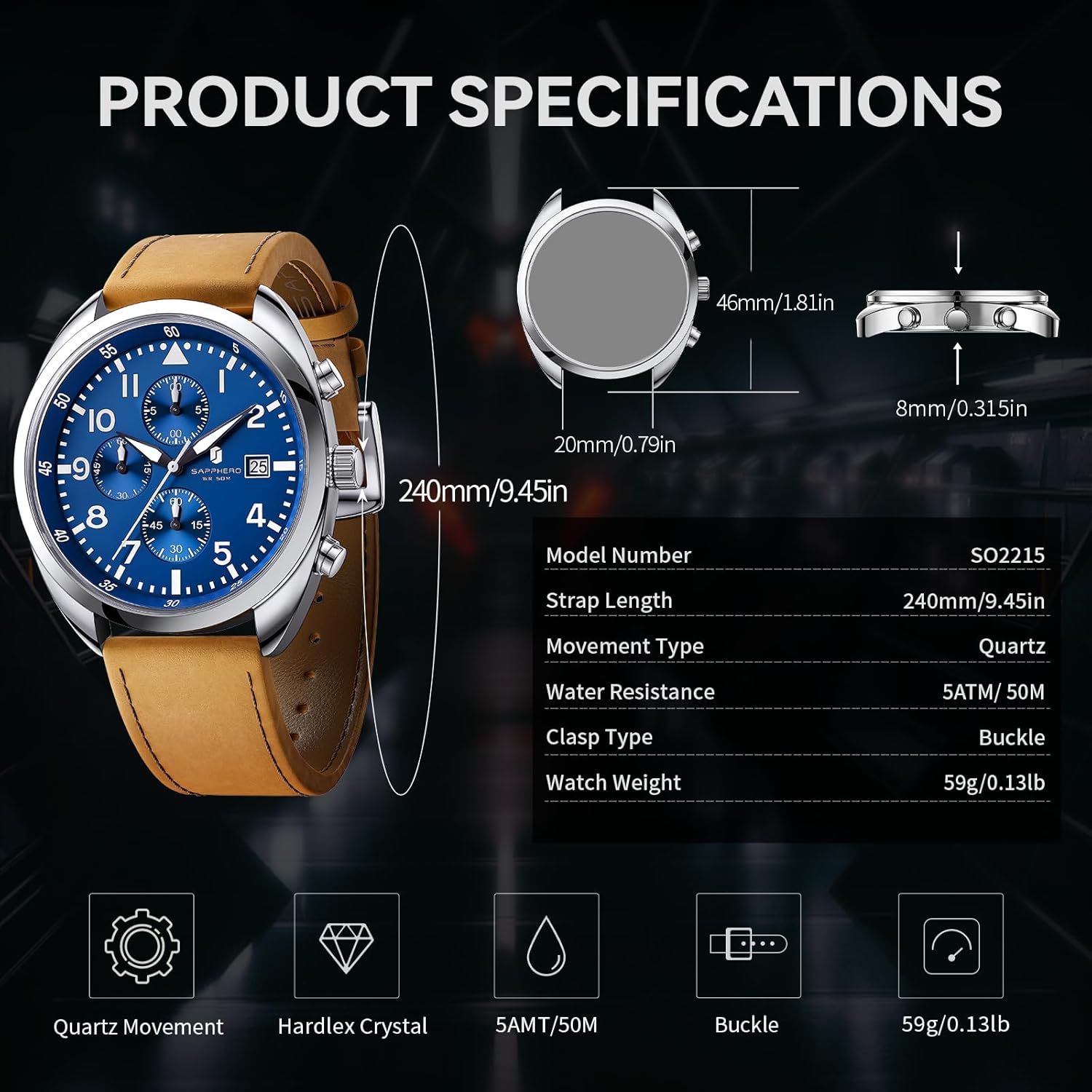 Detalle de SAPPHERO Montre Homme - Chronographe en cuir, cadran arabe, étui cadeau