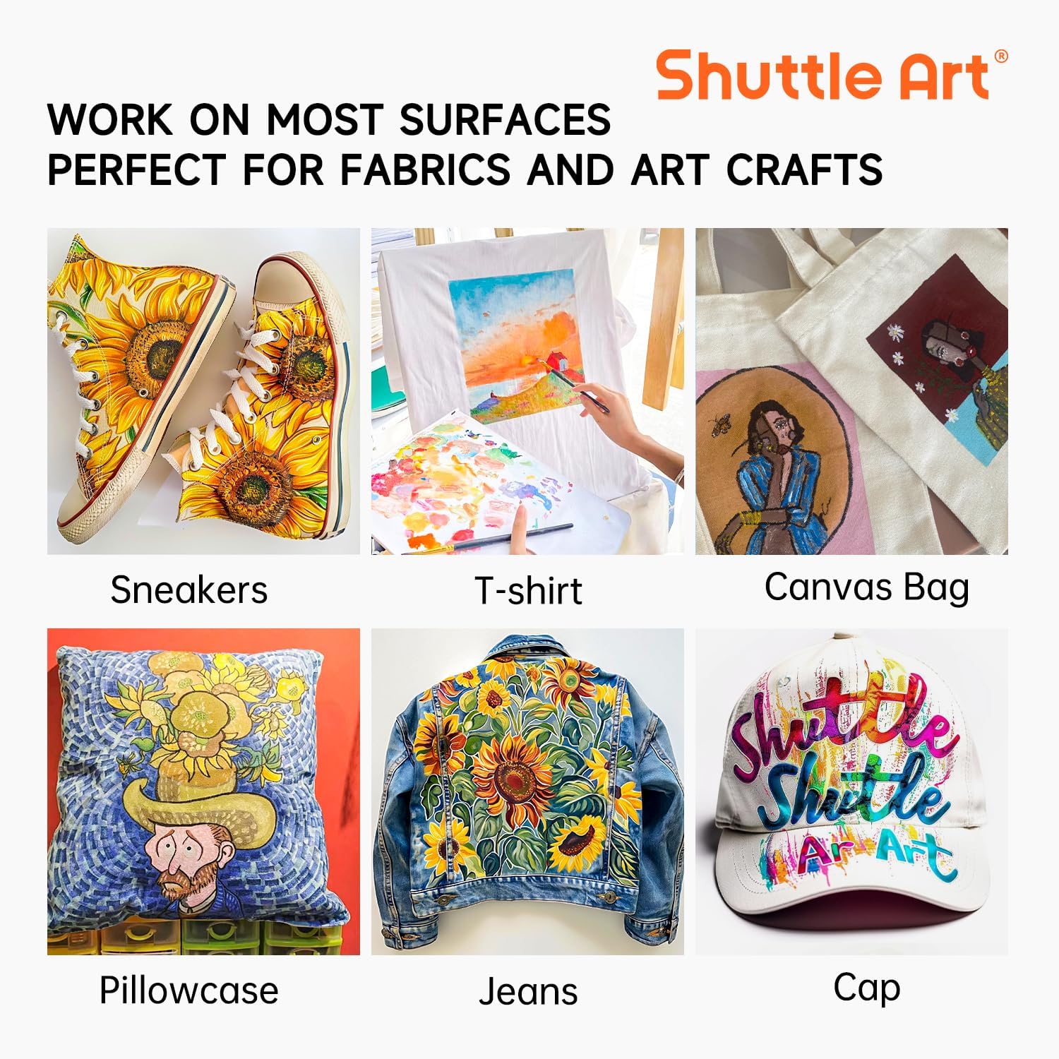 Thumbnail 5 de Shuttle Art Fabric Paint Permanent for Clothes – 18 Colour Set (60ml) with Brushes, Palette & Stencils