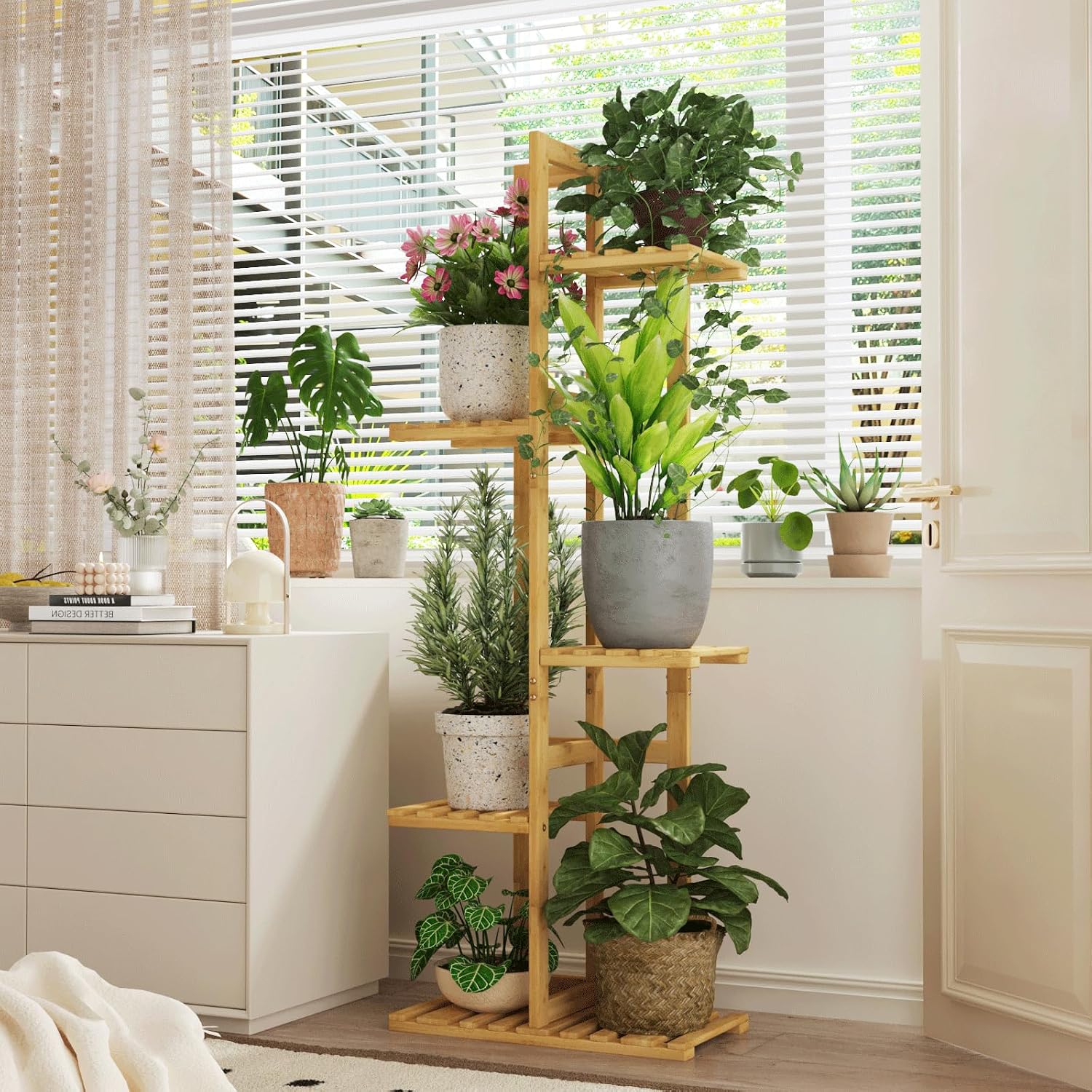 Thumbnail 3 de Bamworld Porta Piante da Interno in Bambu Naturale: Scaffale a 5 Livelli per Vasi e Fioriere