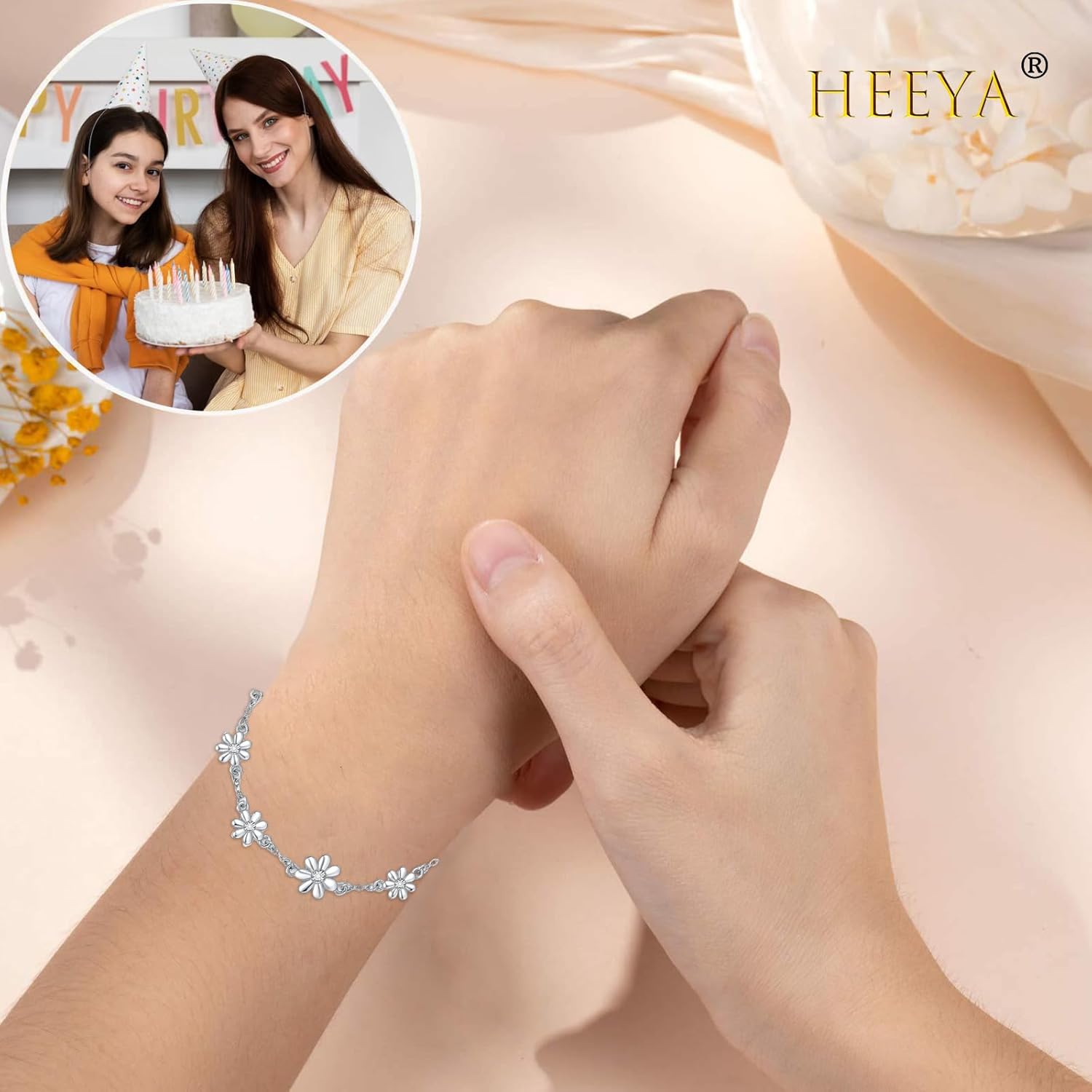 Thumbnail 3 de HEEYA Armband Silber Damen Gänseblümchen – Verstellbares 925 Silber Tennisarmband mit Zirkonia