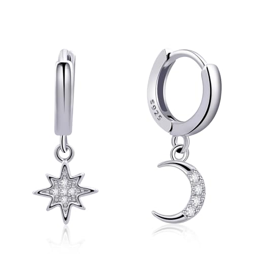 Detalle de 925 Sterling Silver Moon & Star Huggie Hoop Earrings – Handmade Drop Dangle Jewellery