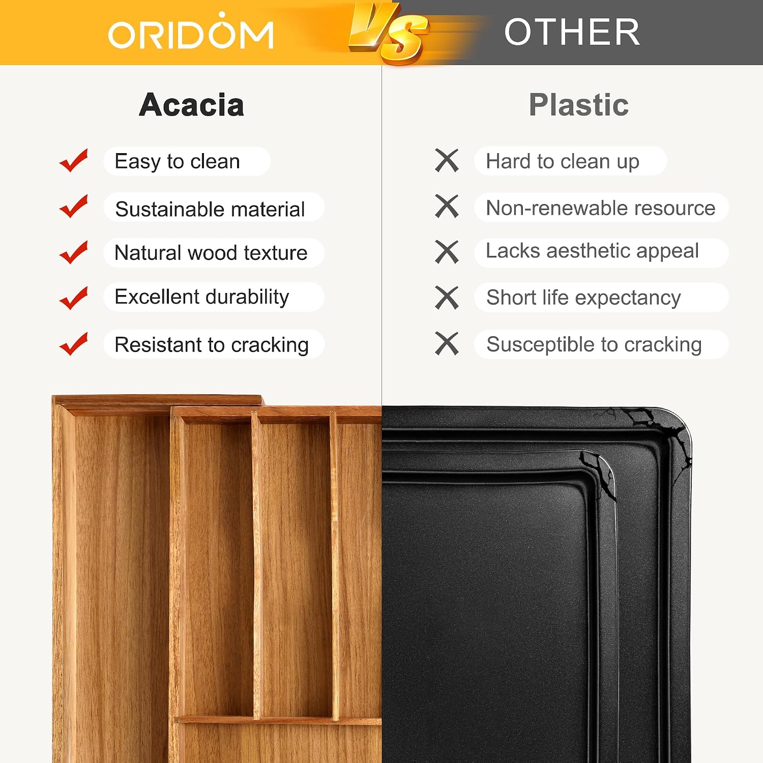 Thumbnail 6 de Oridom Large Premium Acacia Silverware Organizer: Expandable 7–9 Compartments