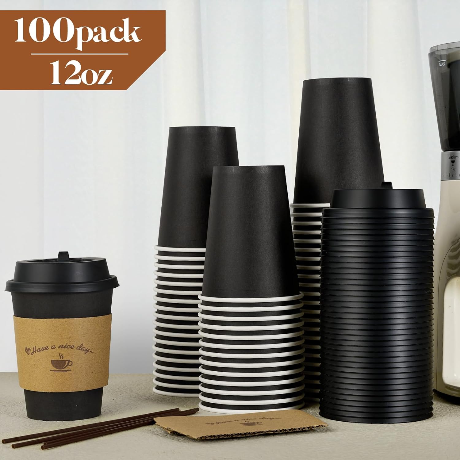 Thumbnail 2 de LITOPAK 100 Pack 12 oz Paper Coffee Cups with Lids, Sleeves, and Stirrers (Black)